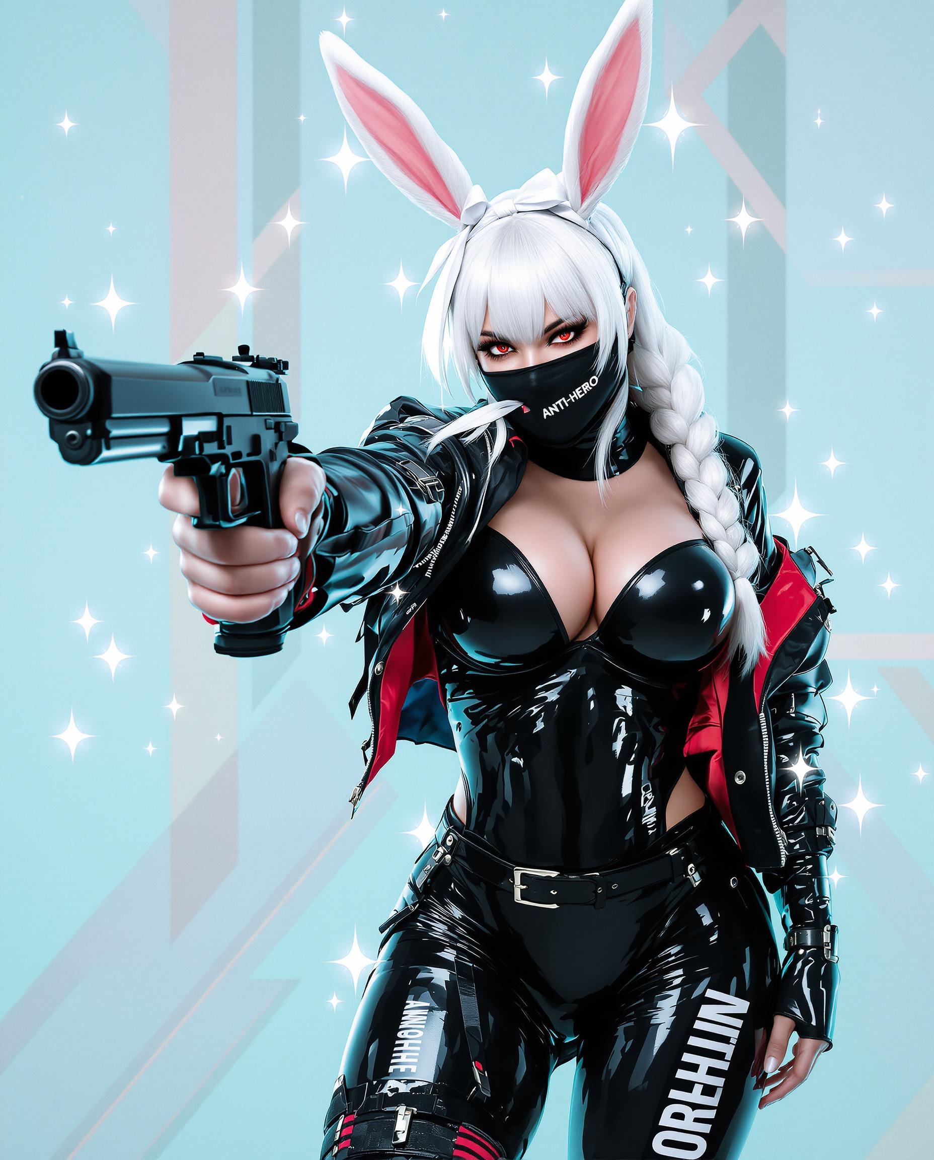 A highly detailed realistic photo (photograph) of a female real person in a dynamic cyberpunk style, featuring a voluptuous anthropomorphic bunny girl with pale white skin, long flowing silver-white hair tied in a thick side braid adorned with a white ribbon, fluffy white bunny ears, sharp red eyes with a fierce, intense gaze, and subtle fangs visible as she bites down on a black face mask she's pulling down with one hand. She has an athletic yet curvaceous build with exaggerated hourglass proportions, large breasts, wide hips, and a toned physique. She's dressed in a glossy black latex bodysuit that clings tightly to her body, emphasizing every curve with shiny reflections and highlights, including a high-neck top with buckles and straps, open-front black bomber jacket with red inner lining and rolled-up sleeves, thigh-high stockings with garter belts, and pants with bold white text reading "ANTI-HERO" vertically along the thigh. She's posing dynamically, extending her right arm forward while gripping a realistic black semi-automatic pistol aimed directly at the viewer, her left hand playfully tugging at the mask over her mouth, conveying a mix of menace and allure. The background is a soft pastel blue with abstract geometric patterns, floating white stars, and subtle glowing effects, evoking a futuristic or tactical atmosphere. Rendered in vibrant colors with high contrast, sharp linework, cel-shading, and glossy textures for a polished, professional realistic art medium, ultra-detailed, 8K resolution, dramatic lighting with cool blue tones and red accents for emphasis.