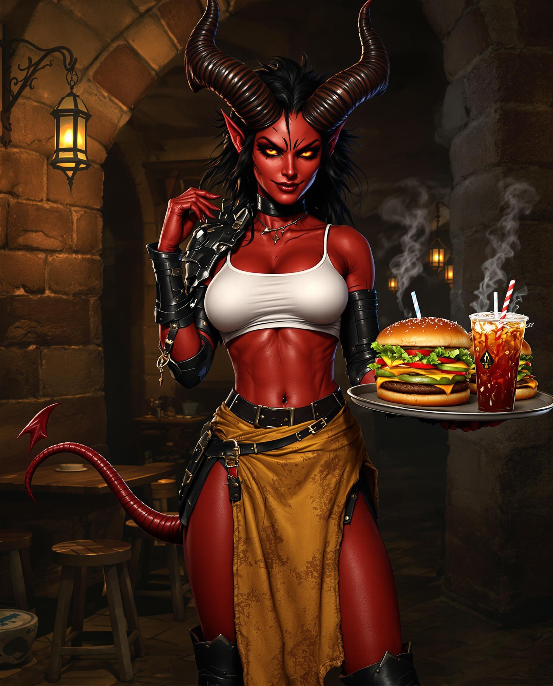A highly realistic photo (photograph) of a female real person in a vibrant realistic style, with sharp linework, dynamic shading, and rich textures evoking a mix of cel-shaded and painterly mediums. The central figure is a fierce yet alluring female demon or tiefling waitress, with deep crimson red skin that gleams under dim lighting, muscular athletic build with defined abs and curves, piercing glowing red eyes with black sclera, wild black hair tousled around large curved black horns that twist upward like a ram's, pointed ears, and a confident smirk on her face. She wears a form-fitting white crop top that exposes her midriff, layered with rugged black leather and metal armor pieces including shoulder guards, arm bracers with straps and buckles, a thick black belt around her waist, tattered yellow apron stained with grease and wear, thigh-high black greaves with red accents, and a long red tail ending in a spade tip visible behind her. She stands in a dimly lit medieval tavern interior made of rough stone walls and pillars, with flickering warm yellow lantern light from a hanging fixture on the left casting dramatic shadows, wooden stools and debris in the background, and a sense of cozy yet ominous atmosphere with subtle fog and particle effects. In her hands, she balances a large metal serving tray laden with two oversized juicy cheeseburgers stacked high with sesame-seed buns, melted cheese, fresh lettuce, tomato slices, pickles, and dripping sauces, accompanied by two tall plastic cups of fizzy cola with ice cubes, condensation droplets, and striped straws poking out. The color palette emphasizes warm reds, oranges, and browns for the character and food, contrasted with cool grays and blues in the stone background, high contrast lighting with rim lights highlighting her contours, intricate details on textures like scuffed armor, glossy burger drips, and subtle steam rising from the food, overall composition centered on the character in a three-quarter view, exuding a playful mix of fantasy adventure and fast-food whimsy.