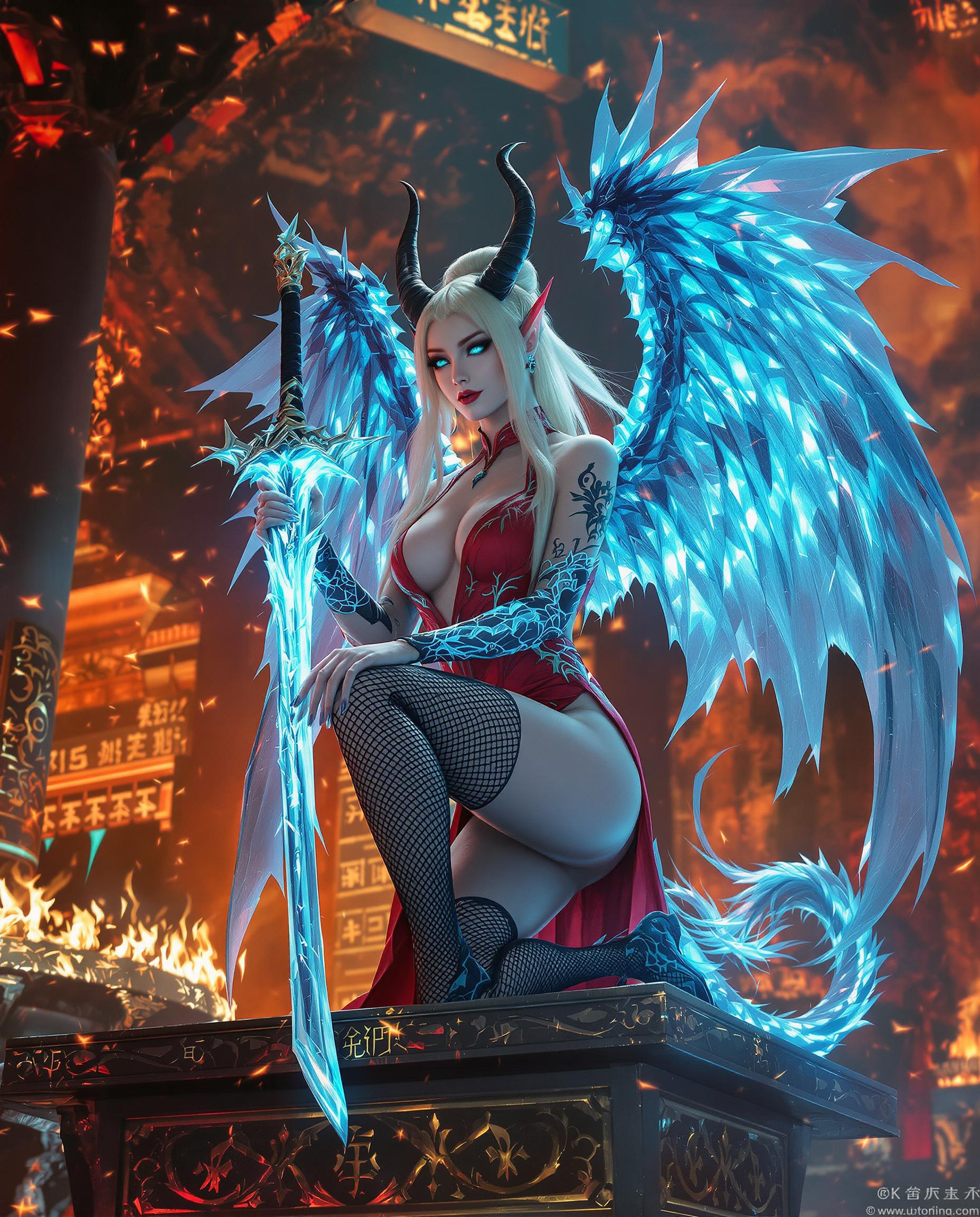 A highly detailed realistic photo (photograph) of a female real person, featuring a seductive female demon elf with long flowing white hair tied in a partial bun, piercing turquoise eyes glowing with intensity, curved black horns adorned with red accents, pointed elf ears, and large ethereal blue crystalline wings that shimmer like fractured ice with glowing veins. She kneels provocatively on one knee atop a ornate platform, gripping a long, slender glowing cyan sword with intricate hilt designs, the blade piercing through her red cheongsam-style dress that clings to her curvaceous figure, revealing a deep plunging neckline, high slits, and black lace thigh-high stockings with fishnet patterns. Intricate blue dragon tattoos coil around her exposed thigh and arm, glowing faintly against her pale skin. The background is a chaotic inferno of swirling orange and red flames, ancient Chinese-inspired architectural ruins with glowing runes and ornate patterns, evoking a sense of epic battle and mystical energy. Rendered in hyper-realistic digital medium with sharp lighting contrasts, volumetric godrays piercing through the flames, glossy textures on her outfit and skin, dynamic composition with a low-angle view emphasizing her powerful pose, high resolution, 8K quality, masterpiece quality with fine details in hair strands, wing facets, and tattoo scales.