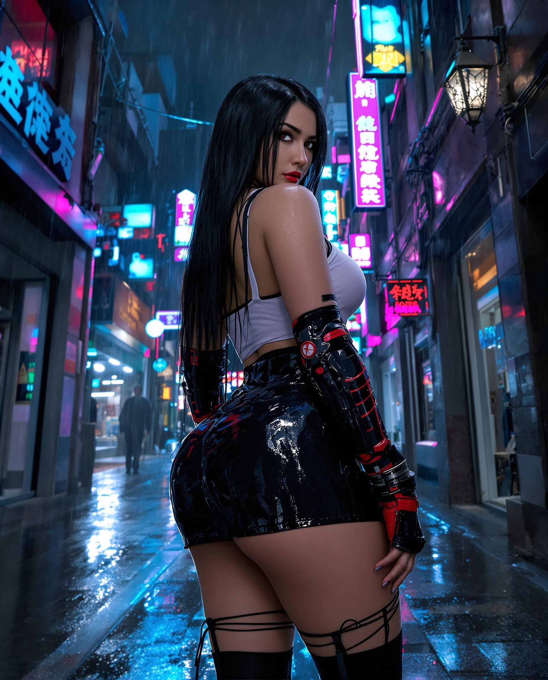 A highly detailed realistic photo (photograph) of a female real person in a cyberpunk style, inspired by Final Fantasy aesthetics, featuring a voluptuous young woman with long, straight black hair cascading down her back, viewed from a low-angle perspective emphasizing her curvaceous figure. She stands in a narrow, rain-soaked urban alleyway at night, with glistening wet pavement and towering neon-lit buildings stretching upwards into a stormy sky. Her pose is confident and alluring, turned slightly to the side with one hand adjusting the hem of her shiny black leather miniskirt, which clings transparently to her skin due to the rain, revealing subtle outlines underneath. She wears a form-fitting white tank top that's semi-transparent from the downpour, black fingerless gloves with red accents, armored black elbow pads, and thigh-high stockings with garter straps. Her skin is pale and glossy with rain droplets, red eyes glancing sideways with a determined expression, subtle blush on her cheeks. The scene is illuminated by vibrant neon signs in cyan, pink, and red hues glowing from shop fronts and overhead wires, with rain falling in dynamic streaks, creating a moody atmosphere of blue-toned shadows and reflective puddles. High contrast, intricate textures on wet fabrics and metallic elements, sharp linework blended with realistic shading, ultra-high resolution, 8K quality, dramatic lighting with volumetric god rays from distant city lights.