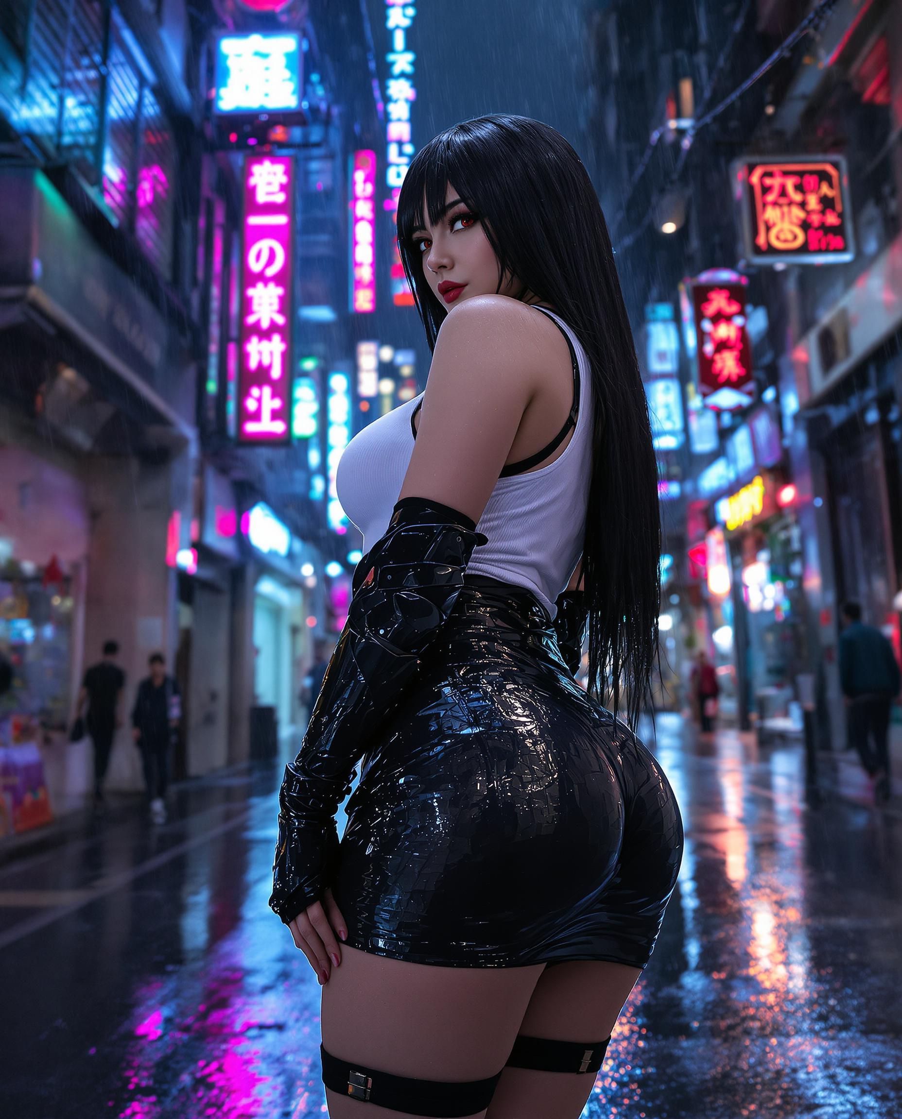 A highly detailed realistic photo (photograph) of a female real person in a cyberpunk style, inspired by Final Fantasy aesthetics, featuring a voluptuous young woman with long, straight black hair cascading down her back, viewed from a low-angle perspective emphasizing her curvaceous figure. She stands in a narrow, rain-soaked urban alleyway at night, with glistening wet pavement and towering neon-lit buildings stretching upwards into a stormy sky. Her pose is confident and alluring, turned slightly to the side with one hand adjusting the hem of her shiny black leather miniskirt, which clings transparently to her skin due to the rain, revealing subtle outlines underneath. She wears a form-fitting white tank top that's semi-transparent from the downpour, black fingerless gloves with red accents, armored black elbow pads, and thigh-high stockings with garter straps. Her skin is pale and glossy with rain droplets, red eyes glancing sideways with a determined expression, subtle blush on her cheeks. The scene is illuminated by vibrant neon signs in cyan, pink, and red hues glowing from shop fronts and overhead wires, with rain falling in dynamic streaks, creating a moody atmosphere of blue-toned shadows and reflective puddles. High contrast, intricate textures on wet fabrics and metallic elements, sharp linework blended with realistic shading, ultra-high resolution, 8K quality, dramatic lighting with volumetric god rays from distant city lights.