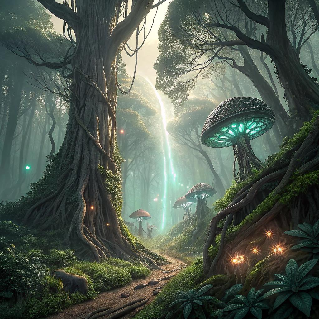 A cinematic Star Wars-inspired forest background featuring ancient gnarled trees draped in twisting vines and bioluminescent glowing fungi, with thick fog swirling through the lush undergrowth beneath a dim, ethereal green light filtering through the dense canopy, enhanced by subtle volumetric god rays piercing the mist, captured in photorealistic 8K high-resolution detail with a shallow depth of field and cinematic lighting for an immersive, atmospheric scenery.