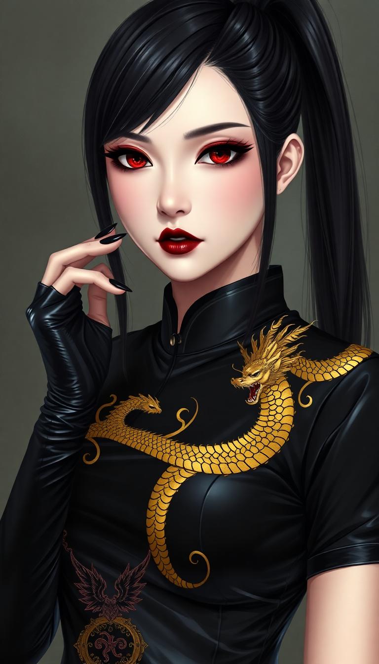 A highly detailed hyper-realistic anime digital painting of a voluptuous young woman with pale skin, sharp red eyes, and long straight black hair tied in a high ponytail. dressed in a shiny black latex cheongsan decorated  with a long slender golden oriental dragon. shoulder length shiny black latex gloves. thick, dark gothic makeup, shiny black lips and black lacquered dragon lady style fingernails
