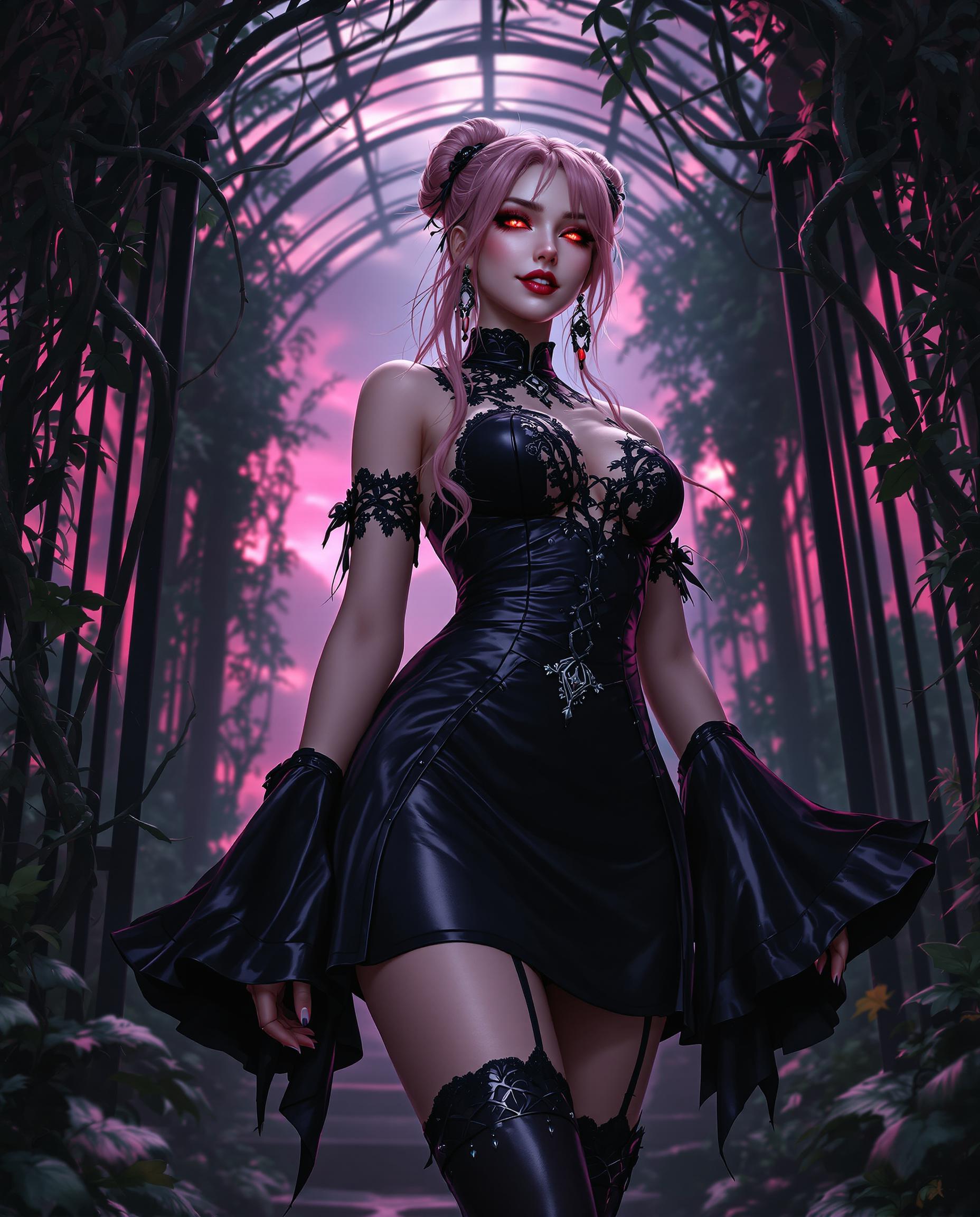 A highly detailed digital realistic photo (photograph) of a female real person in a dark fantasy style,  featuring a voluptuous young woman with pale skin, sharp crimson-red eyes glowing intensely, and long flowing pink hair tied in a loose bun with strands cascading down her shoulders. She stands confidently in a low-angle view, exuding a seductive and mysterious aura, her expression calm and slightly smirking with parted lips. She wears a form-fitting black cheongsam-style dress with intricate lace patterns and glossy sheen, wide bell sleeves, a high collar, and a cinched waist belt with ornate knots, the skirt pleated and short, revealing her thighs. Black thigh-high stockings with garter straps and lace tops hug her legs, paired with shiny black boots. The background is a dimly lit, overgrown gothic conservatory or ruined greenhouse with twisted black vines and iron bars framing the scene, a vibrant magenta-pink sky peeking through dense foliage and branches, creating a dramatic contrast with deep shadows and ethereal pink glows. The medium is digital painting with sharp linework, vibrant color saturation in pinks and blacks, subtle gradients, and atmospheric lighting that casts soft highlights on her skin and clothing, emphasizing her curvaceous figure and adding a sense of depth and mystery. High resolution, intricate details on fabrics and textures, cinematic composition with rule of thirds.
