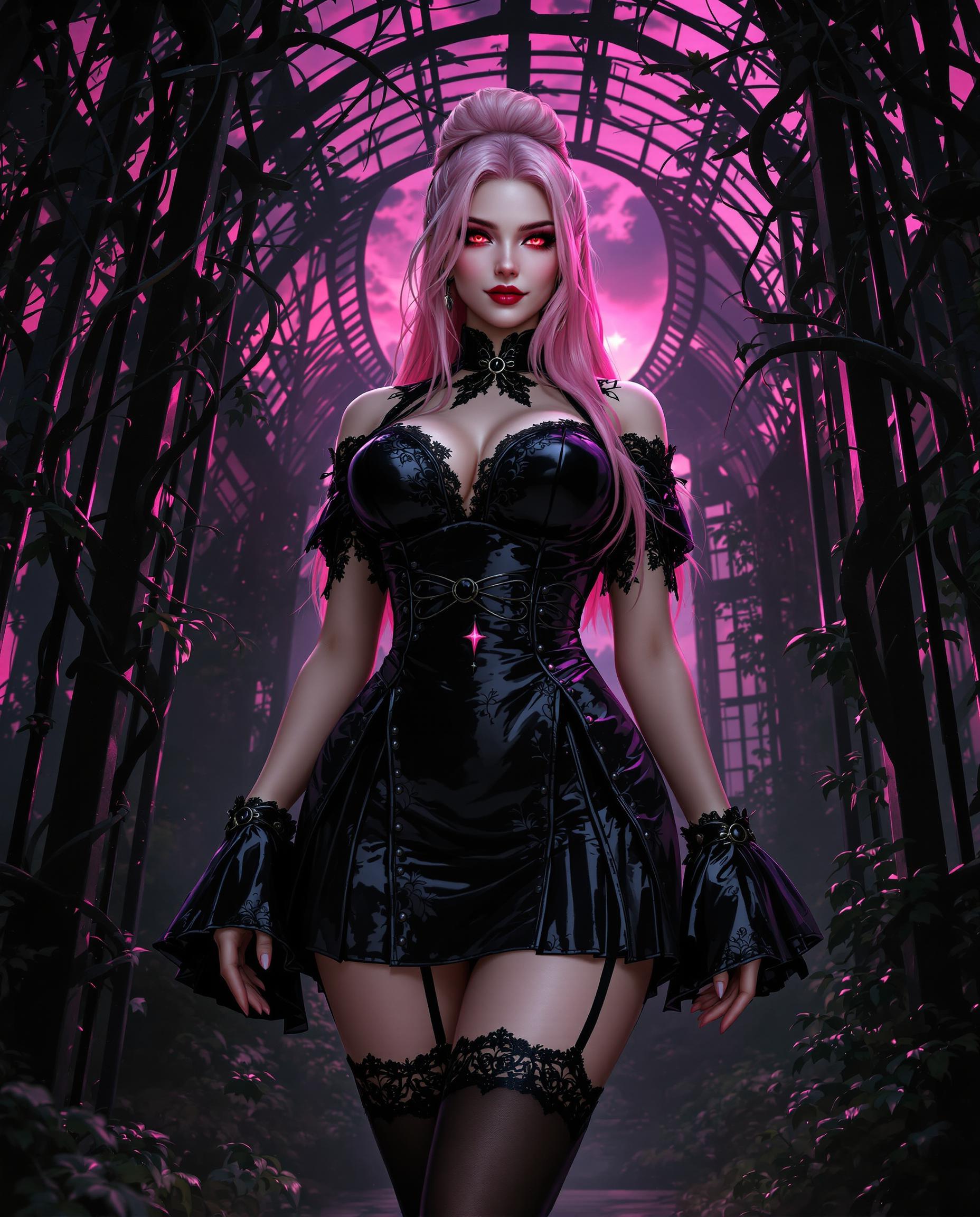 A highly detailed digital realistic photo (photograph) of a female real person in a dark fantasy style,  featuring a voluptuous young woman with pale skin, sharp crimson-red eyes glowing intensely, and long flowing pink hair tied in a loose bun with strands cascading down her shoulders. She stands confidently in a low-angle view, exuding a seductive and mysterious aura, her expression calm and slightly smirking with parted lips. She wears a form-fitting black cheongsam-style dress with intricate lace patterns and glossy sheen, wide bell sleeves, a high collar, and a cinched waist belt with ornate knots, the skirt pleated and short, revealing her thighs. Black thigh-high stockings with garter straps and lace tops hug her legs, paired with shiny black boots. The background is a dimly lit, overgrown gothic conservatory or ruined greenhouse with twisted black vines and iron bars framing the scene, a vibrant magenta-pink sky peeking through dense foliage and branches, creating a dramatic contrast with deep shadows and ethereal pink glows. The medium is digital painting with sharp linework, vibrant color saturation in pinks and blacks, subtle gradients, and atmospheric lighting that casts soft highlights on her skin and clothing, emphasizing her curvaceous figure and adding a sense of depth and mystery. High resolution, intricate details on fabrics and textures, cinematic composition with rule of thirds.