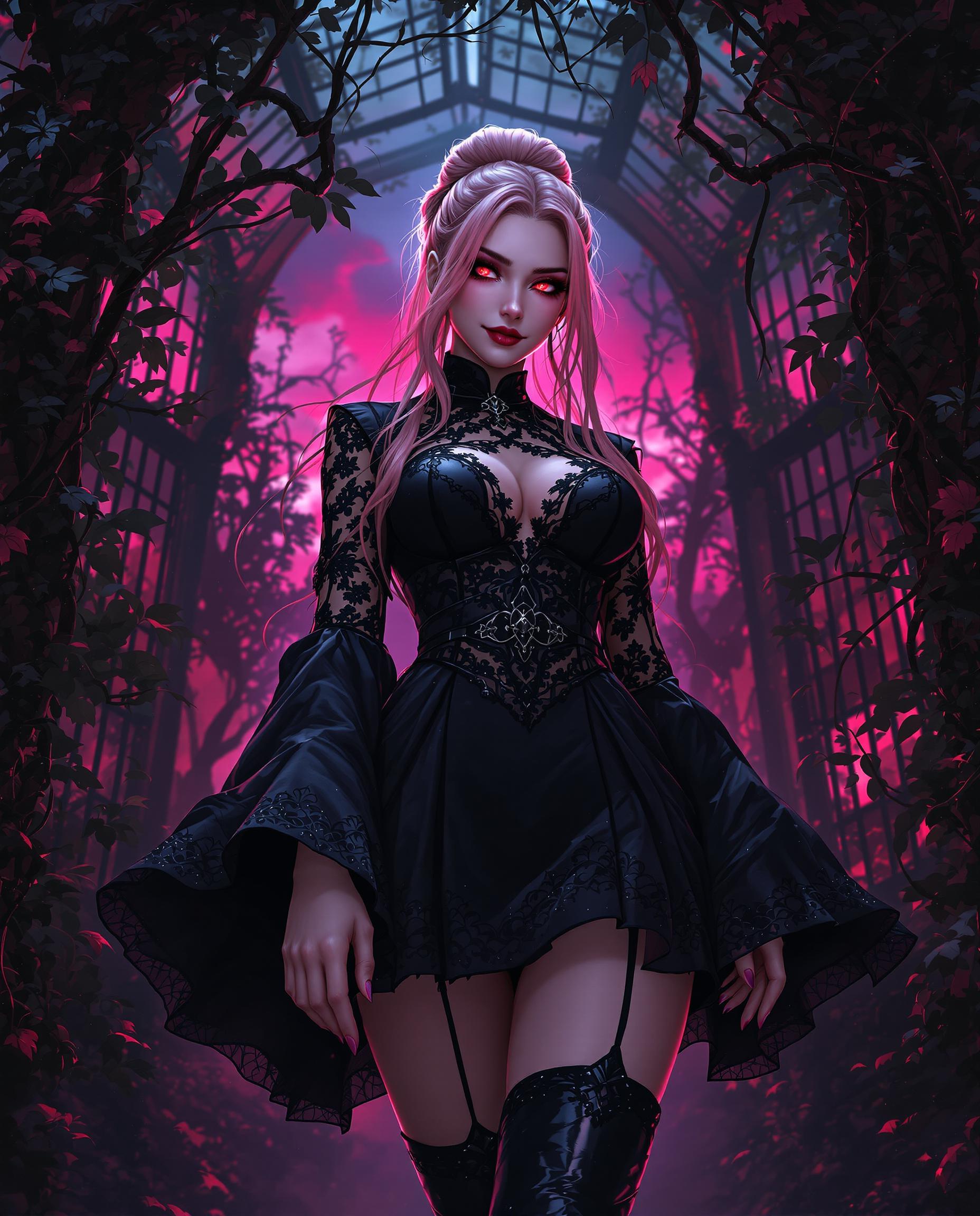 A highly detailed digital realistic photo (photograph) of a female real person in a dark fantasy style,  featuring a voluptuous young woman with pale skin, sharp crimson-red eyes glowing intensely, and long flowing pink hair tied in a loose bun with strands cascading down her shoulders. She stands confidently in a low-angle view, exuding a seductive and mysterious aura, her expression calm and slightly smirking with parted lips. She wears a form-fitting black cheongsam-style dress with intricate lace patterns and glossy sheen, wide bell sleeves, a high collar, and a cinched waist belt with ornate knots, the skirt pleated and short, revealing her thighs. Black thigh-high stockings with garter straps and lace tops hug her legs, paired with shiny black boots. The background is a dimly lit, overgrown gothic conservatory or ruined greenhouse with twisted black vines and iron bars framing the scene, a vibrant magenta-pink sky peeking through dense foliage and branches, creating a dramatic contrast with deep shadows and ethereal pink glows. The medium is digital painting with sharp linework, vibrant color saturation in pinks and blacks, subtle gradients, and atmospheric lighting that casts soft highlights on her skin and clothing, emphasizing her curvaceous figure and adding a sense of depth and mystery. High resolution, intricate details on fabrics and textures, cinematic composition with rule of thirds.