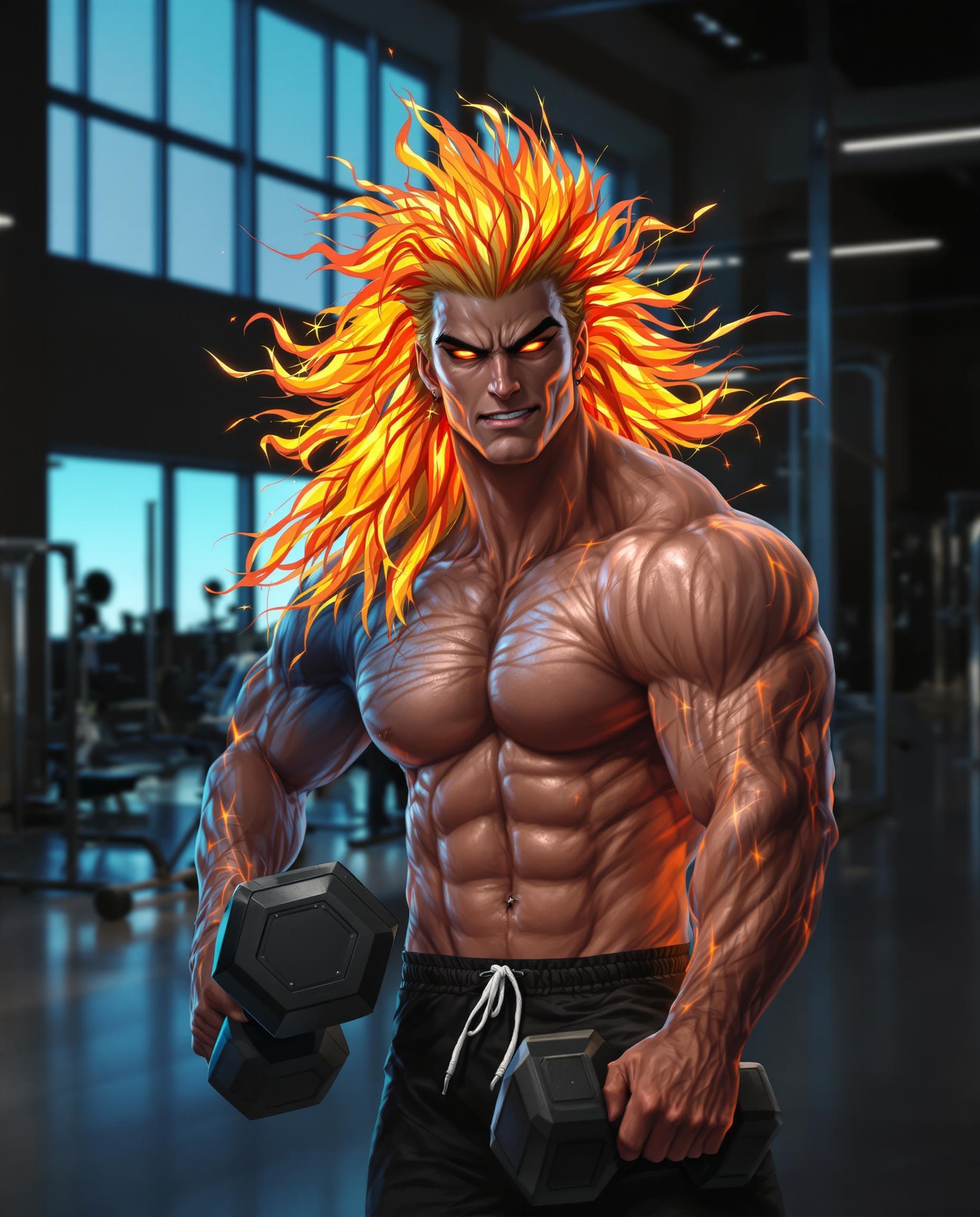 A highly detailed digital realistic photo (photograph) of a male real person in a semi-realistic style, featuring a muscular young man with flame-like hair in a modern gym setting, inspired by characters like Kyojuro Rengoku from Demon Slayer but with enhanced physique and intensity. The man has long, flowing blonde hair with vibrant red-orange tips that resemble flickering flames, styled in wild, spiky waves cascading down his back and shoulders. His face is handsome and fierce, with sharp, arched black eyebrows, piercing golden-yellow eyes with a determined gaze directed at the viewer, high cheekbones, a strong jawline, and a confident smirk. His skin is fair and glistening with sweat, highlighting his extremely defined, hyper-muscular torso: broad shoulders, massive pectorals, chiseled eight-pack abs, bulging biceps and triceps, visible veins, and a navel piercing. He is shirtless, wearing only tight black athletic shorts that hug his hips and thighs, with a white drawstring. In his right hand, he casually holds a large black dumbbell, arm flexed to show off his strength. The background is a sleek, dimly lit gym with large windows letting in soft blue daylight, metallic weight racks, exercise machines, and a polished concrete floor reflecting subtle lights. The art medium is digital painting with high contrast, dramatic lighting from overhead sources casting warm golden highlights and cool blue shadows on his body, emphasizing muscle contours and sweat droplets. Vibrant color palette dominated by warm oranges, yellows, and reds in the hair contrasting with cool grays and blacks in the gym, ultra-detailed textures on skin, hair, and fabrics, dynamic pose with a slight lean forward, evoking power, confidence, and fiery passion, in a vertical composition suitable for wallpaper, rendered in 4K resolution with sharp focus and intricate shading.