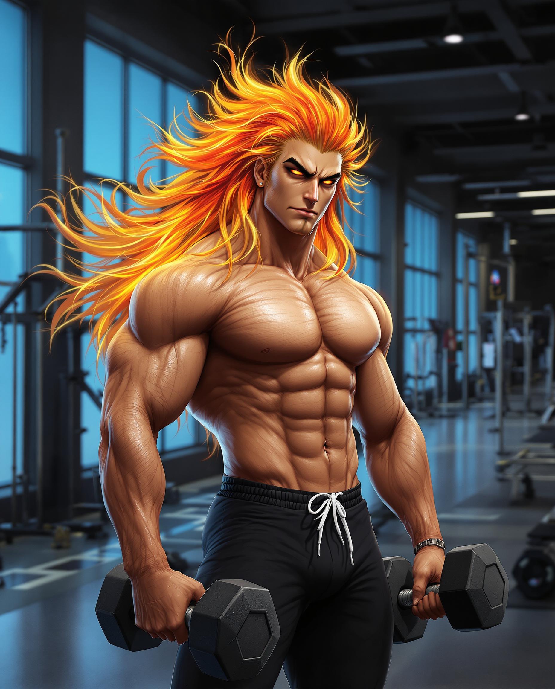 A highly realistic photo (photograph) of a male real person in a semi-realistic style, featuring a muscular young man with flame-like hair in a modern gym setting, inspired by characters like Kyojuro Rengoku from Demon Slayer but with enhanced physique and intensity. The man has long, flowing blonde hair with vibrant red-orange tips that resemble flickering flames, styled in wild, spiky waves cascading down his back and shoulders. His face is handsome and fierce, with sharp, arched black eyebrows, piercing golden-yellow eyes with a determined gaze directed at the viewer, high cheekbones, a strong jawline, and a confident smirk. His skin is fair and glistening with sweat, highlighting his extremely defined, hyper-muscular torso: broad shoulders, massive pectorals, chiseled eight-pack abs, bulging biceps and triceps, visible veins, and a navel piercing. He is shirtless, wearing only tight black athletic shorts that hug his hips and thighs, with a white drawstring. In his right hand, he casually holds a large black dumbbell, arm flexed to show off his strength. The background is a sleek, dimly lit gym with large windows letting in soft blue daylight, metallic weight racks, exercise machines, and a polished concrete floor reflecting subtle lights. The art medium is digital painting with high contrast, dramatic lighting from overhead sources casting warm golden highlights and cool blue shadows on his body, emphasizing muscle contours and sweat droplets. Vibrant color palette dominated by warm oranges, yellows, and reds in the hair contrasting with cool grays and blacks in the gym, ultra-detailed textures on skin, hair, and fabrics, dynamic pose with a slight lean forward, evoking power, confidence, and fiery passion, in a vertical composition suitable for wallpaper, rendered in 4K resolution with sharp focus and intricate shading.