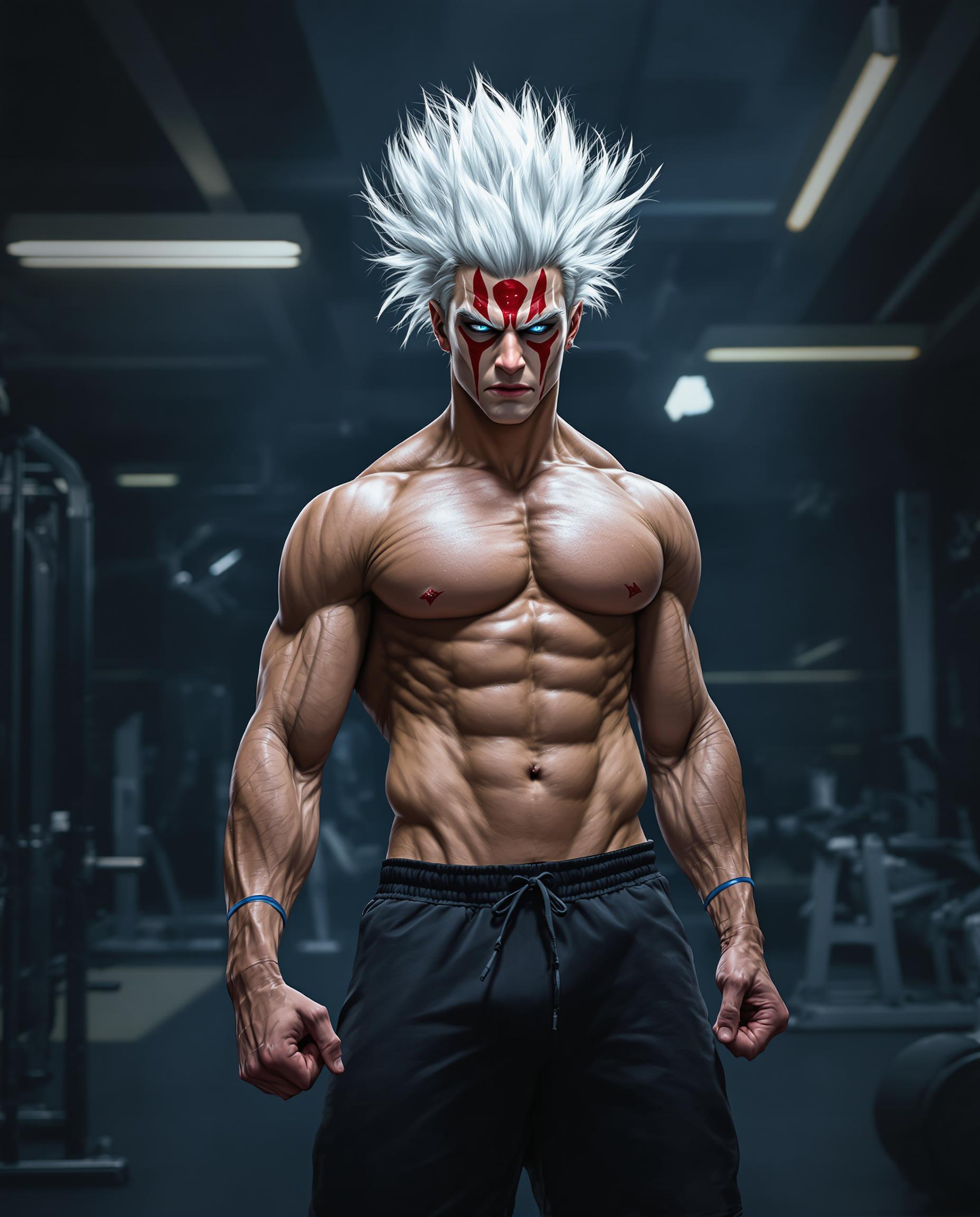 A highly detailed realistic photo (photograph) of a male real person in the style of modern fantasy realistic art, reminiscent of Jujutsu Kaisen or One Punch Man, featuring a muscular young adult male character with wild, spiky silver-white hair that stands up dramatically, piercing blue eyes with intense red markings like tribal tattoos under his eyes and across his forehead, giving him a fierce, demonic warrior vibe. He has an ultra-defined, hyper-muscular physique with bulging biceps, triceps, deltoids, pectorals, six-pack abs, obliques, and visible veins popping on his arms and torso, skin glistening with sweat for a realistic, shiny texture. He stands confidently in a dimly lit modern gym interior, posing with clenched fists at his sides, wearing only tight black athletic shorts that hug his thighs, with a drawstring and subtle branding. The background includes blurred gym equipment like barbells, weight plates, racks, and metal structures in cool gray tones, with atmospheric fog and soft volumetric lighting from overhead fluorescent lights casting dramatic shadows and highlights on his body. Rendered in a semi-realistic digital painting medium with vibrant contrasts, cool blue-gray color palette for the gym contrasted with warm skin tones and metallic sheens, high resolution, intricate details on muscle fibers, hair strands, and fabric textures, epic and motivational atmosphere, subtly integrated at the bottom.