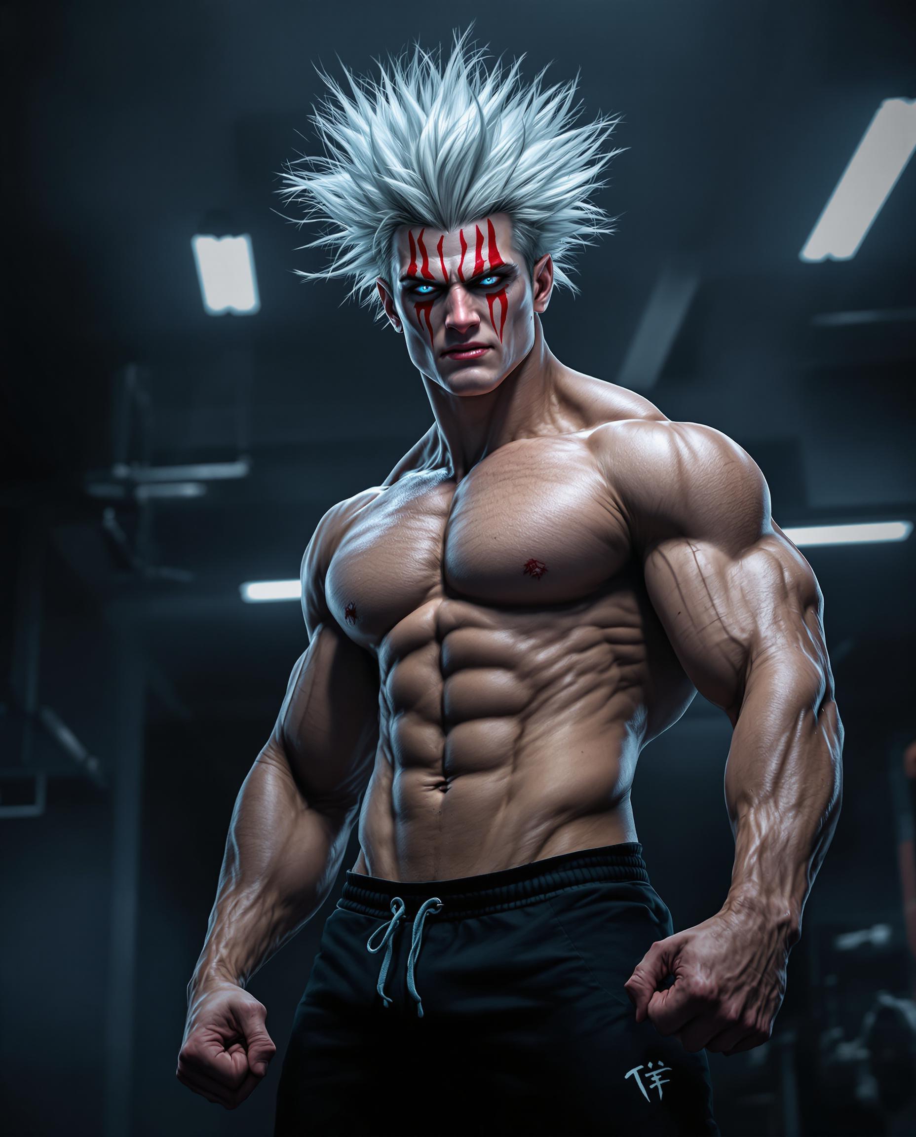 A highly detailed realistic photo (photograph) of a male real person in the style of modern fantasy realistic art, reminiscent of Jujutsu Kaisen or One Punch Man, featuring a muscular young adult male character with wild, spiky silver-white hair that stands up dramatically, piercing blue eyes with intense red markings like tribal tattoos under his eyes and across his forehead, giving him a fierce, demonic warrior vibe. He has an ultra-defined, hyper-muscular physique with bulging biceps, triceps, deltoids, pectorals, six-pack abs, obliques, and visible veins popping on his arms and torso, skin glistening with sweat for a realistic, shiny texture. He stands confidently in a dimly lit modern gym interior, posing with clenched fists at his sides, wearing only tight black athletic shorts that hug his thighs, with a drawstring and subtle branding. The background includes blurred gym equipment like barbells, weight plates, racks, and metal structures in cool gray tones, with atmospheric fog and soft volumetric lighting from overhead fluorescent lights casting dramatic shadows and highlights on his body. Rendered in a semi-realistic digital painting medium with vibrant contrasts, cool blue-gray color palette for the gym contrasted with warm skin tones and metallic sheens, high resolution, intricate details on muscle fibers, hair strands, and fabric textures, epic and motivational atmosphere, subtly integrated at the bottom.