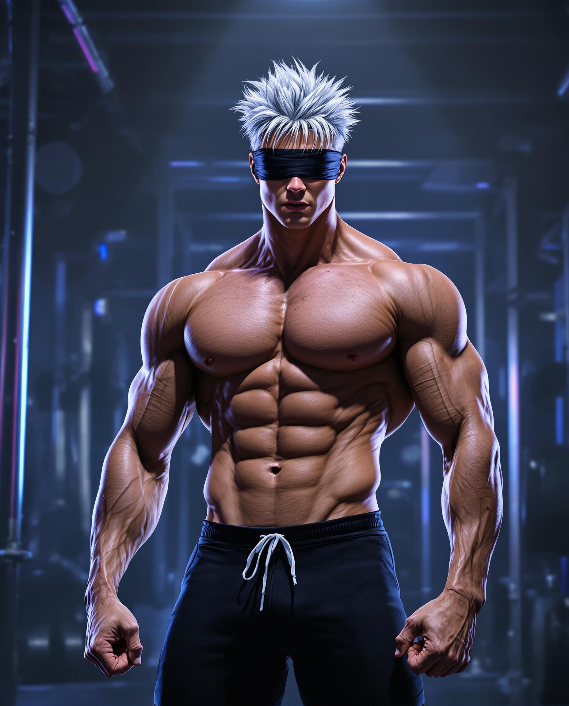 A highly detailed realistic photo (photograph) of a male real person of a muscular young man with spiky silver-white hair, piercing blue eyes partially obscured by a black blindfold-like marking across his face, exuding an intense and confident aura, standing shirtless in a dimly lit modern gym. His physique is hyper-muscular and veined, with defined abs, broad shoulders, bulging biceps, and sweat glistening on his tanned skin under dramatic spotlighting. He wears tight black athletic shorts that hug his thighs, with a white drawstring, and his fists are clenched at his sides in a powerful pose. The background features blurred gym equipment like barbells, weight plates, and racks in shades of gray and metallic silver, with a foggy atmosphere and subtle neon glows in blue and purple hues. Art style is semi-realistic anime with hyper-detailed shading, dynamic lighting contrasts, vibrant color palette dominated by cool blues, silvers, and blacks, high resolution, sharp lines, and a sense of motion and intensity, inspired by Sanemi Shinazugawa from demon slayer aesthetics.