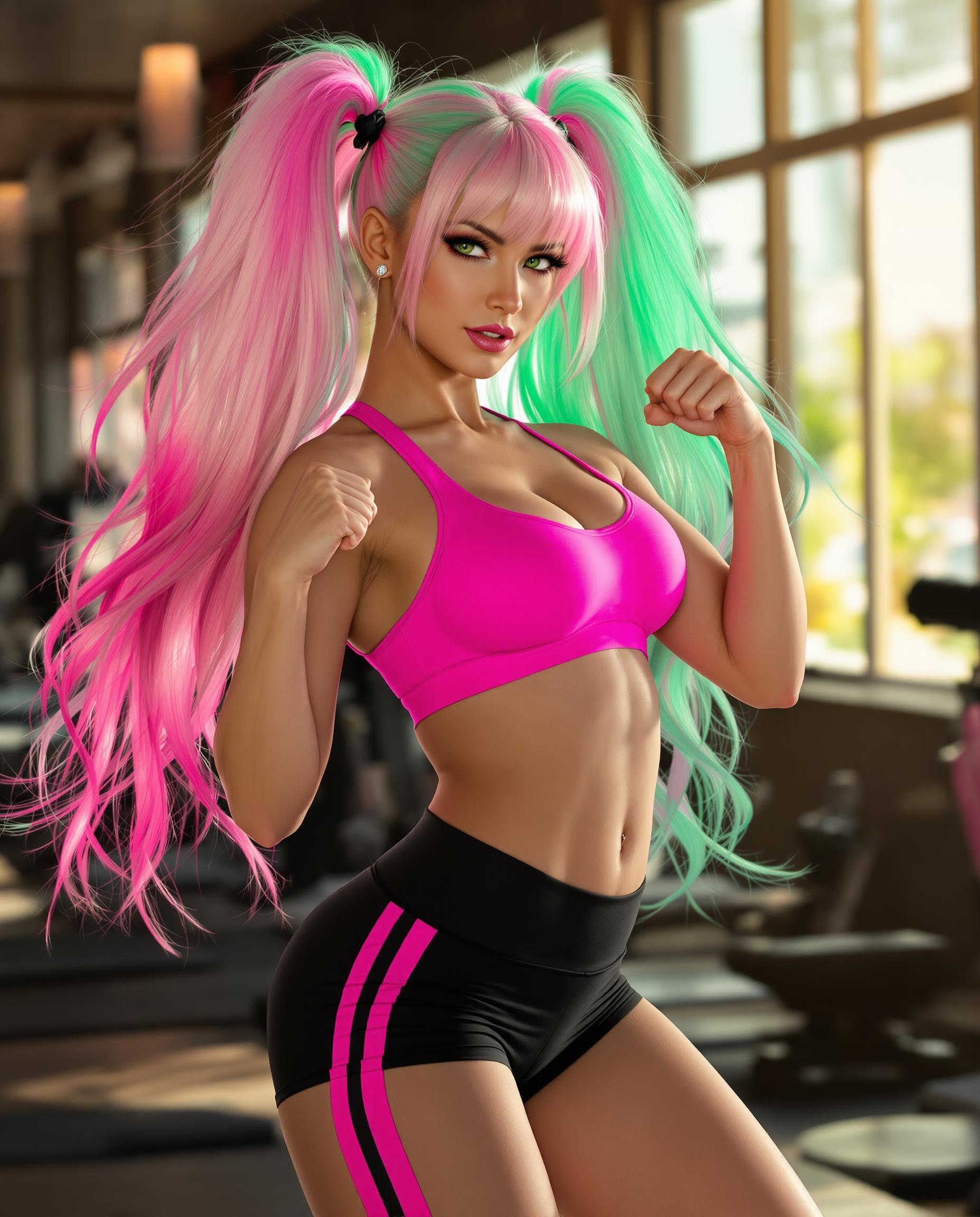 A highly detailed realistic photo (photograph) of a female real person in the style of modern fantasy art, featuring a confident young woman with striking pastel pink hair that gradients into vibrant green at the ends, styled in long, flowing twin tails with loose waves cascading down her back and shoulders. She has piercing emerald green eyes with a determined expression, subtle makeup highlighting her sharp features, and a muscular, athletic physique with defined abs, toned arms, and a slight sheen of sweat on her skin for realism. She poses dynamically in a flexing stance, one arm bent at the elbow with a clenched fist near her face, the other extended forward in a punching motion, emphasizing her strength and confidence. She wears a form-fitting pink sports bra that accentuates her curves, paired with black athletic shorts featuring pink side stripes, and no other accessories. The background is a sunlit gym interior with large windows allowing warm golden sunlight to stream in, casting soft shadows and highlights; blurred gym equipment like weights, treadmills, and mats are visible in the dimly lit space, creating depth and atmosphere. The art style is semi-realistic with hyper-detailed textures, smooth gradients, vibrant color palette dominated by pinks, greens, and warm neutrals, high contrast lighting, and a sense of empowerment and energy, rendered in a vertical composition suitable for wallpaper.