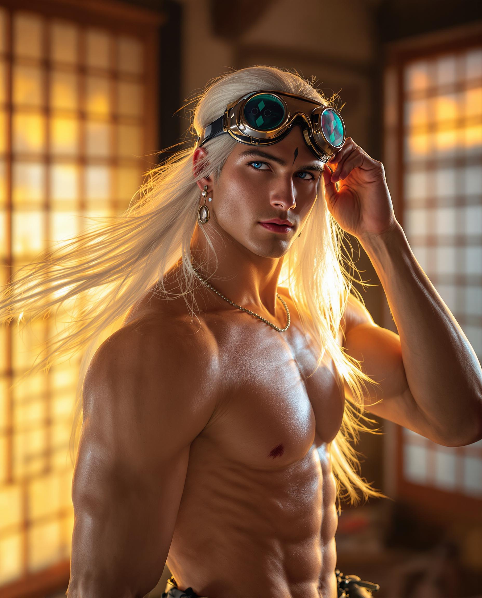 A highly detailed realistic photo (photograph) of a female real person in a hyper-realistic style, featuring a strikingly handsome young man with ethereal long flowing white hair cascading down his back and shoulders, his muscular, chiseled physique glistening with sweat under warm golden sunset light. He poses confidently shirtless, revealing perfectly defined abs, pecs, and biceps with subtle vein details and a small black tattoo resembling circular patterns on his left chest. His face is sharp and alluring with high cheekbones, piercing blue eyes, and turquoise tear-like markings under his eyes, adorned with silver earrings and a beaded necklace. He wears a metallic headband with steampunk-style goggles pushed up on his forehead, one hand casually adjusting them while his hair billows dramatically in a gentle breeze. The background depicts a traditional Japanese room with wooden shoji screens and large windows, bathed in vibrant orange and yellow hues of a dramatic sunset, casting long shadows and warm glows across his oiled skin. Rendered in a digital medium with high contrast, intricate lighting effects, photorealistic textures on skin and hair, and a sense of dynamic motion, ultra-high resolution, 8K quality, masterpiece composition with a vertical aspect ratio.