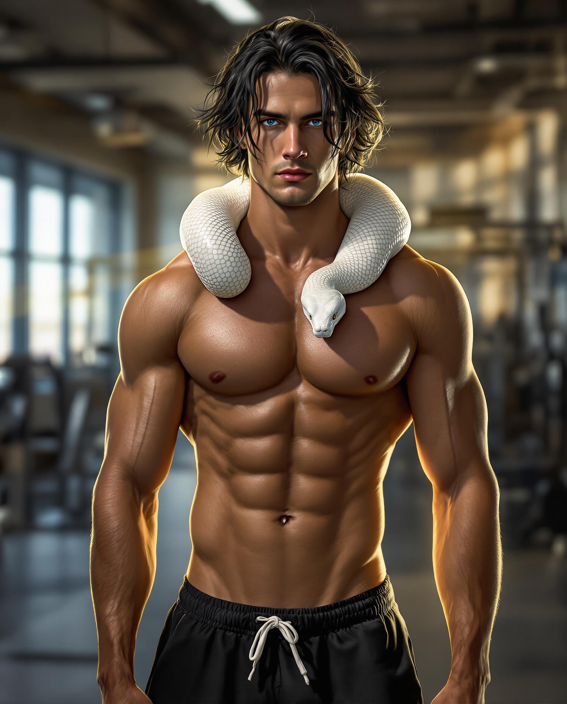 A highly detailed digital illustration in a semi-realistic realistic photo (photograph) of a male real person style, featuring a strikingly handsome young man with sharp, ethereal features, piercing blue eyes, and long, tousled black hair cascading over his shoulders. He has a muscular, athletic build with perfectly defined abs, broad pectorals, and toned arms glistening with subtle sweat under dramatic golden-hour lighting. A large, realistic white snake with intricate scale patterns is draped elegantly around his neck and shoulders, its body coiling loosely without aggression, head resting near his collarbone. He stands confidently in a dimly lit modern gym interior, shirtless and wearing form-fitting black athletic shorts with a white drawstring, low on his hips. The background includes blurred gym equipment like weight machines and racks, large windows allowing rays of warm sunlight to filter in, casting dynamic shadows and highlights on his oiled skin. The color palette is dominated by warm earth tones for his skin and hair, contrasted with cool grays and blues in the gym environment, high contrast, ultra-detailed textures on muscles, hair, and snake scales, cinematic composition with a slight low-angle view to emphasize his imposing presence, high resolution, 8K quality, masterpiece digital painting with soft brush strokes and subtle glow effects.