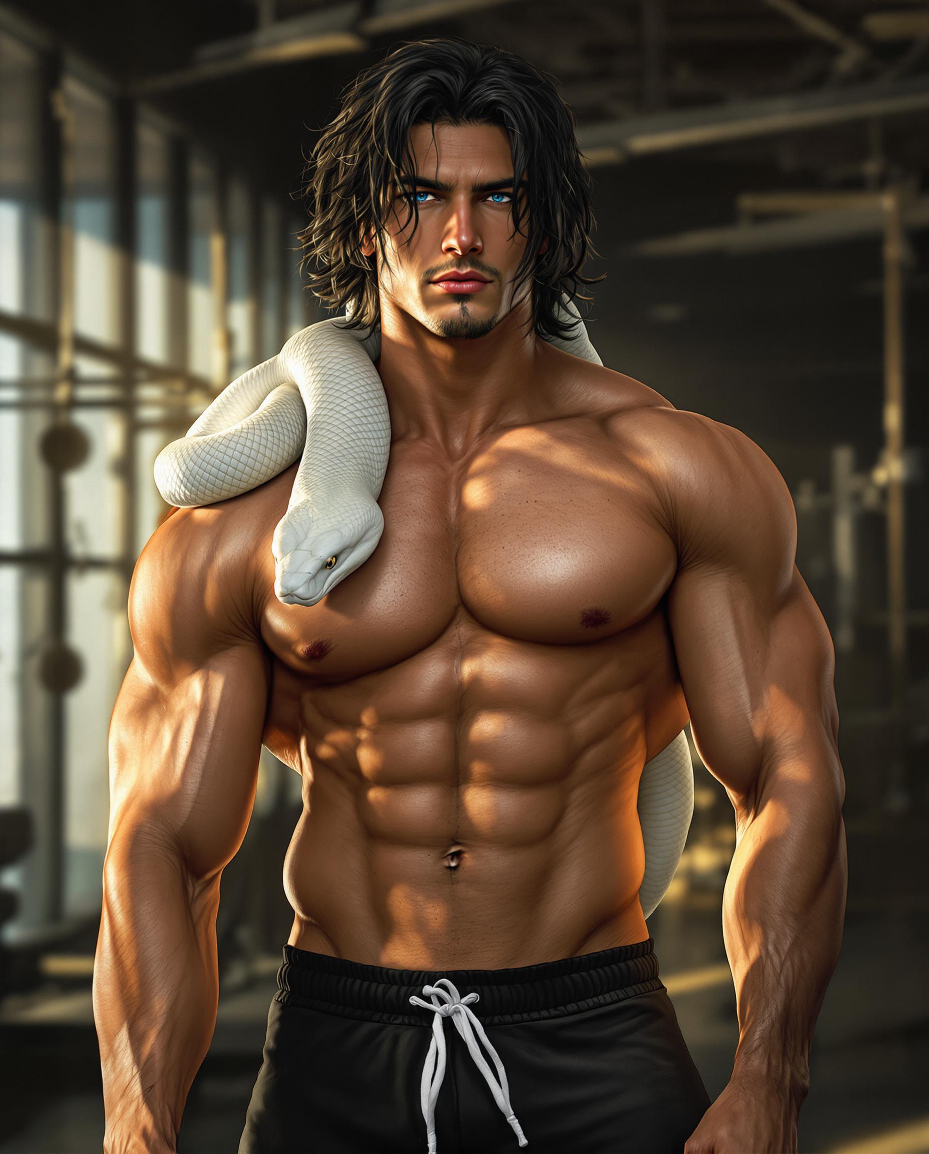A highly detailed digital illustration in a semi-realistic realistic photo (photograph) of a male real person style, featuring a strikingly handsome young man with sharp, ethereal features, piercing blue eyes, and long, tousled black hair cascading over his shoulders. He has a muscular, athletic build with perfectly defined abs, broad pectorals, and toned arms glistening with subtle sweat under dramatic golden-hour lighting. A large, realistic white snake with intricate scale patterns is draped elegantly around his neck and shoulders, its body coiling loosely without aggression, head resting near his collarbone. He stands confidently in a dimly lit modern gym interior, shirtless and wearing form-fitting black athletic shorts with a white drawstring, low on his hips. The background includes blurred gym equipment like weight machines and racks, large windows allowing rays of warm sunlight to filter in, casting dynamic shadows and highlights on his oiled skin. The color palette is dominated by warm earth tones for his skin and hair, contrasted with cool grays and blues in the gym environment, high contrast, ultra-detailed textures on muscles, hair, and snake scales, cinematic composition with a slight low-angle view to emphasize his imposing presence, high resolution, 8K quality, masterpiece digital painting with soft brush strokes and subtle glow effects.