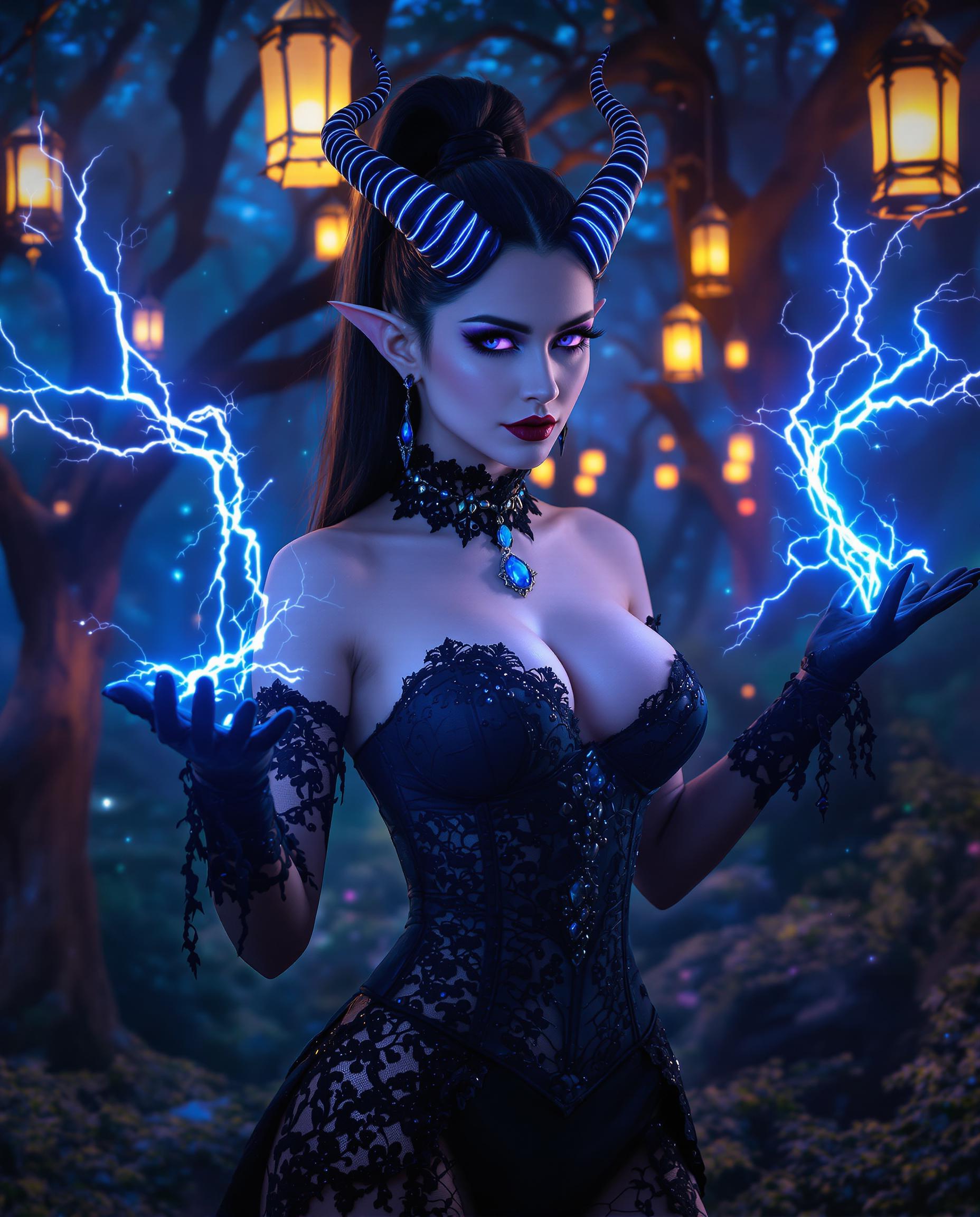 A highly detailed realistic photo (photograph) of a female real person featuring a seductive female dark elf sorceress with glowing blue lightning horns curving upwards from her head, pointed elven ears, long flowing black hair tied in a high ponytail, piercing purple eyes with a intense gaze, pale skin, full lips painted dark, and a ornate black lace choker necklace with a blue gem pendant. She wears a form-fitting black corset dress with intricate lace patterns, low-cut bodice accentuating her cleavage, long sheer sleeves, and black gloves. Blue electric lightning arcs crackle from her outstretched hands, illuminating the scene with ethereal energy. The background is a mystical enchanted forest at night, filled with hanging lanterns emitting soft warm yellow glows, bioluminescent blue particles floating in the air, twisted trees with glowing foliage, and a foggy atmosphere in deep indigo and cyan hues. Overall color palette dominated by cool blues, purples, and blacks with high contrast highlights from the lightning and lanterns, rendered in vibrant digital medium with sharp details, smooth shading, and magical realism, high resolution, cinematic composition focusing on the character in three-quarter view.