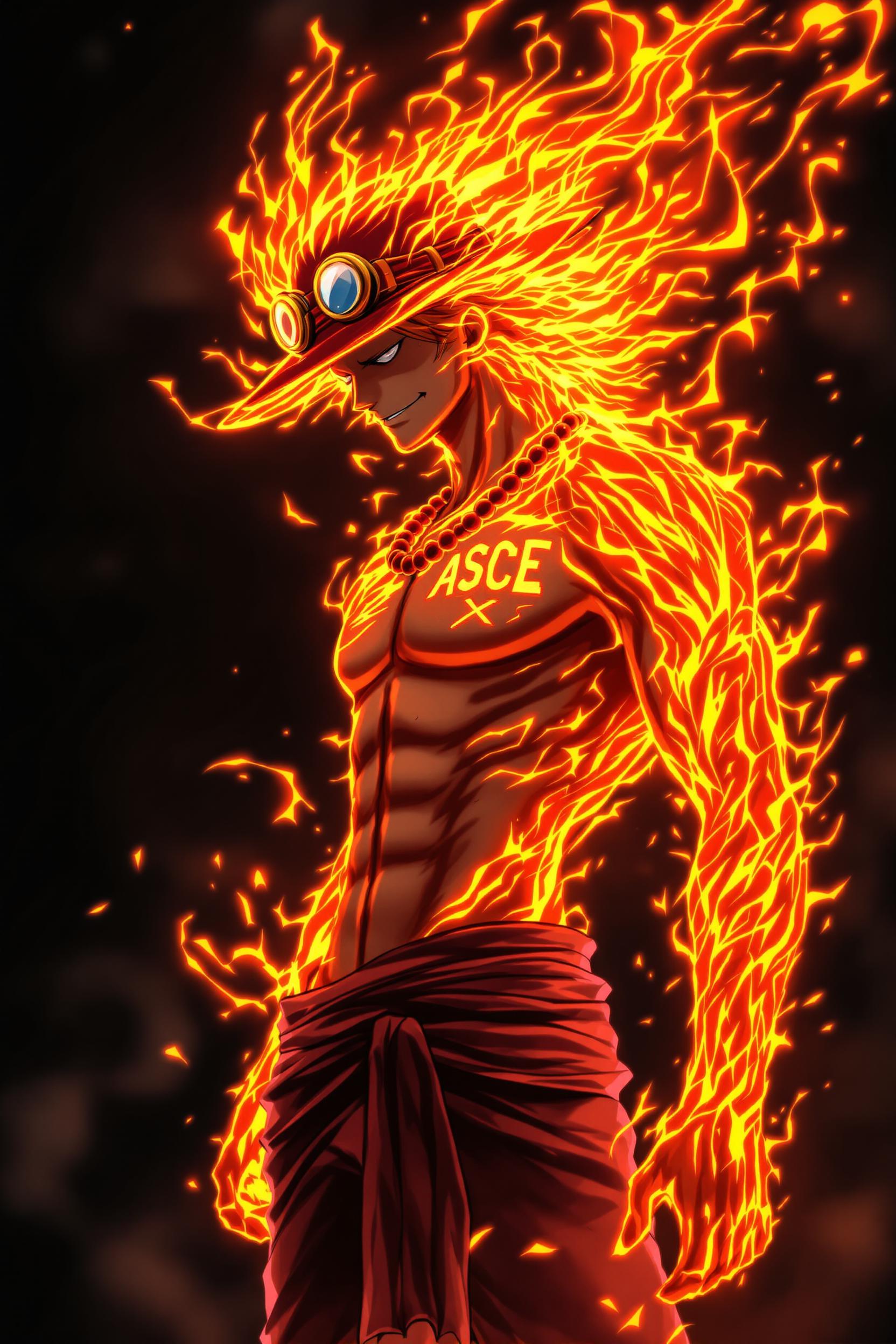 A highly detailed digital anime-style illustration of Portgas D. Ace from One Piece, rendered as a ethereal figure composed entirely of swirling, vibrant orange and yellow flames that form his muscular torso, arms, and flowing hair, with fiery tendrils emanating from his body like living fire. He stands in a dynamic three-quarter side profile pose against a pitch-black void background, exuding intense power and mystery, his head slightly bowed with a confident smirk, one hand casually tucked into his low-slung belt, the other arm relaxed at his side. His iconic wide-brimmed hat with circular goggles perched on top is sculpted from glowing flames, adorned with fiery beads, and his beaded necklace dangles loosely over his bare chest. The prominent "ASCE" tattoo on his upper arm burns brightly in stylized fiery script, with the "S" crossed out. Intricate flame patterns outline his defined abs, broad shoulders, and toned physique, creating a neon-glow effect with high contrast lighting—intense warm highlights and deep shadows that make the flames appear to flicker and pulse with inner energy. Composition centers the figure vertically for a dramatic, imposing presence, with subtle smoke wisps and ember particles floating around him, in a hyper-realistic digital art style blending anime aesthetics with fantasy fire effects, ultra-high resolution, cinematic depth, and vibrant color saturation for a mesmerizing, otherworldly atmosphere.
