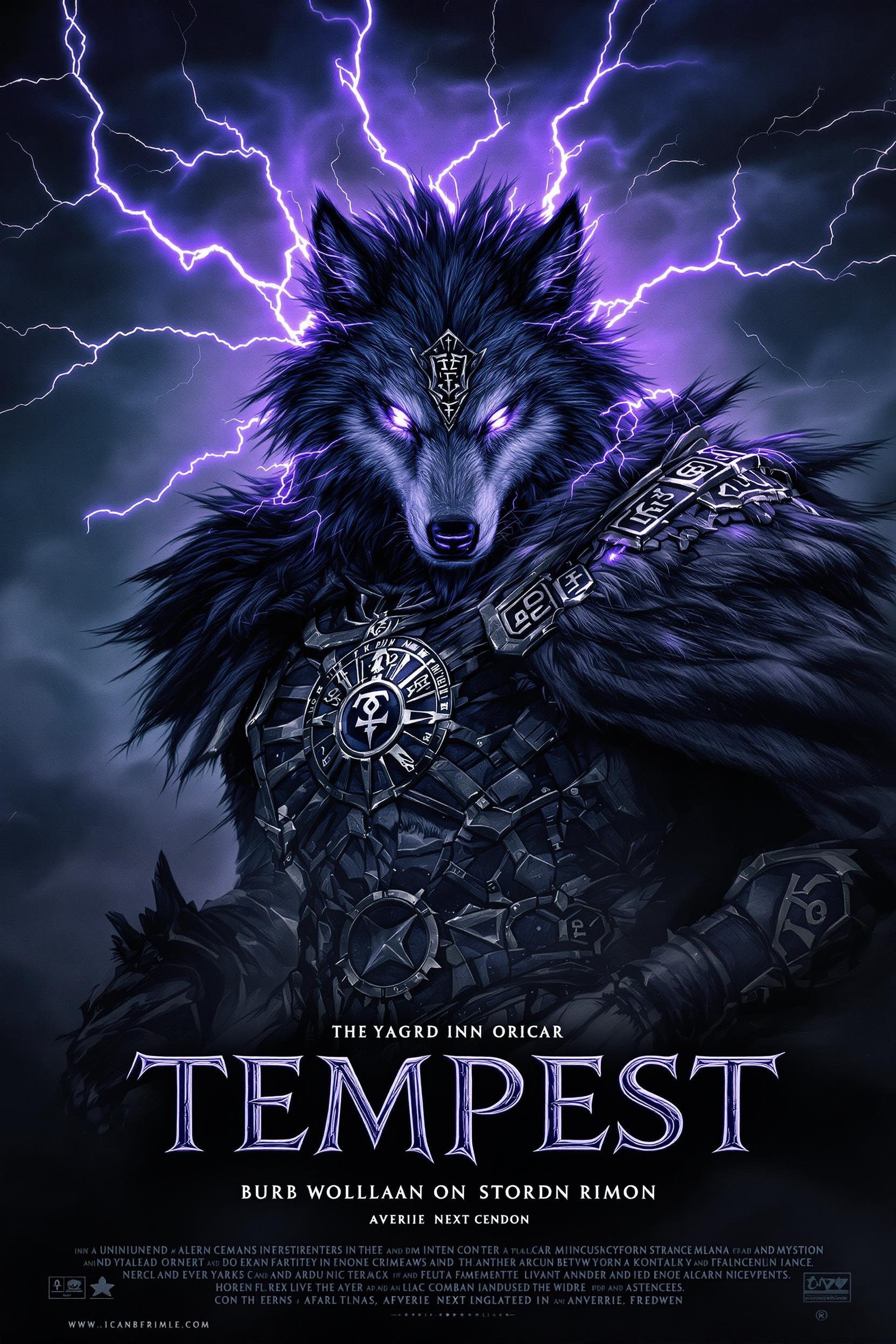 A dire wolf storm rider, his mane crackling with violet lightning, eyes glowing electric white as thunderheads swirl behind him. His armored pauldron bears ancient runes that shimmer like captured storms, and thunderous winds whip his tattered cloak of obsidian scales. Typography: "Tempest" in Bebas Neue, carved from turbulent cloud forms with subtle electric glows. Credits and tagline in Avenir Next Condensed, maintaining a sleek sci-fi presence. A movie poster style, a dark color tone, a film grain effect, a full-body shot, and high details., and vintage tones., cinematic, high resolution, high-contrast, movie texture, movie lighting, with text and letters below it., dark tones, creating a mysterious atmosphere. It is high-definition photography with cinematic effects