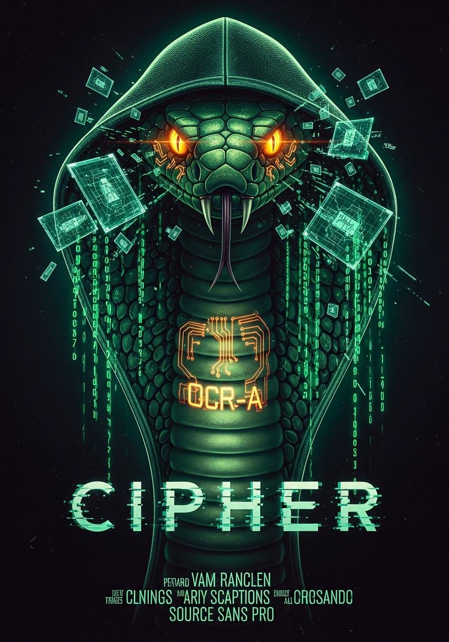  A hooded king cobra hacker, emerald scales rippling with neon emerald code streams that cascade down his sleek cybernetic hood. His piercing amber eyes reflect holographic security grids collapsing in his wake, while chromed fangs glint beneath neon circuitry tattoos. Typography: "Cipher" in OCR-A, glitch-animated with pulsing data fragments. Credits in Source Sans Pro, delivering clean techno aesthetics. A movie poster style, a dark color tone, a film grain effect, a full-body shot, and high details., and vintage tones., cinematic, high resolution, high-contrast, movie texture, movie lighting, with text and letters below it., dark tones, creating a mysterious atmosphere. It is high-definition photography with cinematic effects. 