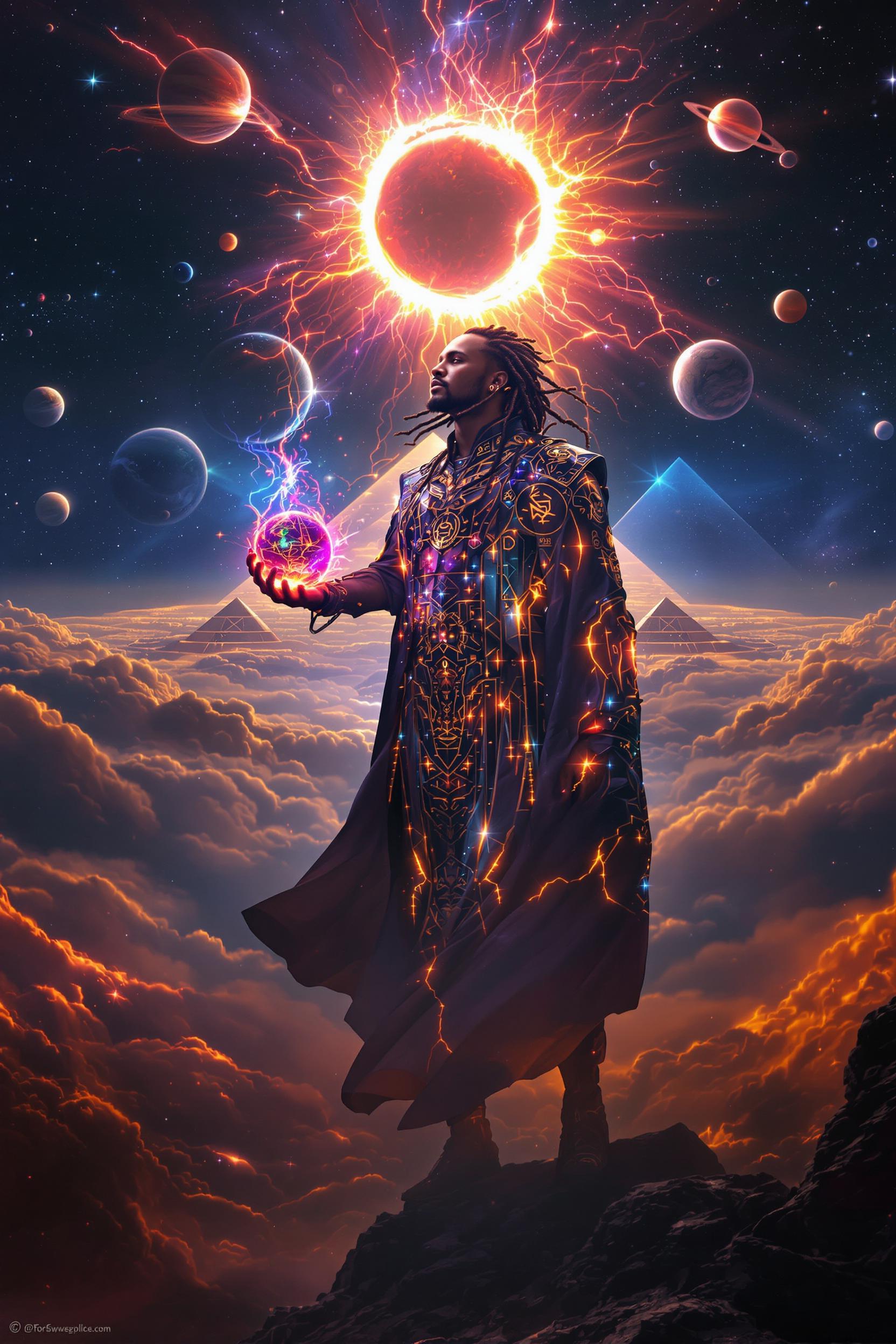 Vertical Afro-futurist sci-fi portrait in ultra-high resolution, a male griot emerges from a city of glass pyramids beneath a solar eclipse, his cloak embedded with LED-lit tribal glyphs and shimmering star maps, braided hair glows with cosmic plasma, he holds an orb of molten light encoded with ancestral voices, background features drifting planets over volcanic clouds, saturated palette of cosmic indigo (#4B0082), fire orange (#FF4500), solar gold (#FFD700), and obsidian black, mood is sacred, defiant, and transcendental, with glossy material lighting and cinematic 124K print clarity, perfect for premium metal poster reproduction —v 7 —ar 2:3 —style raw —stylize 950 —chaos 18 —exp 94 --no violet --no purple