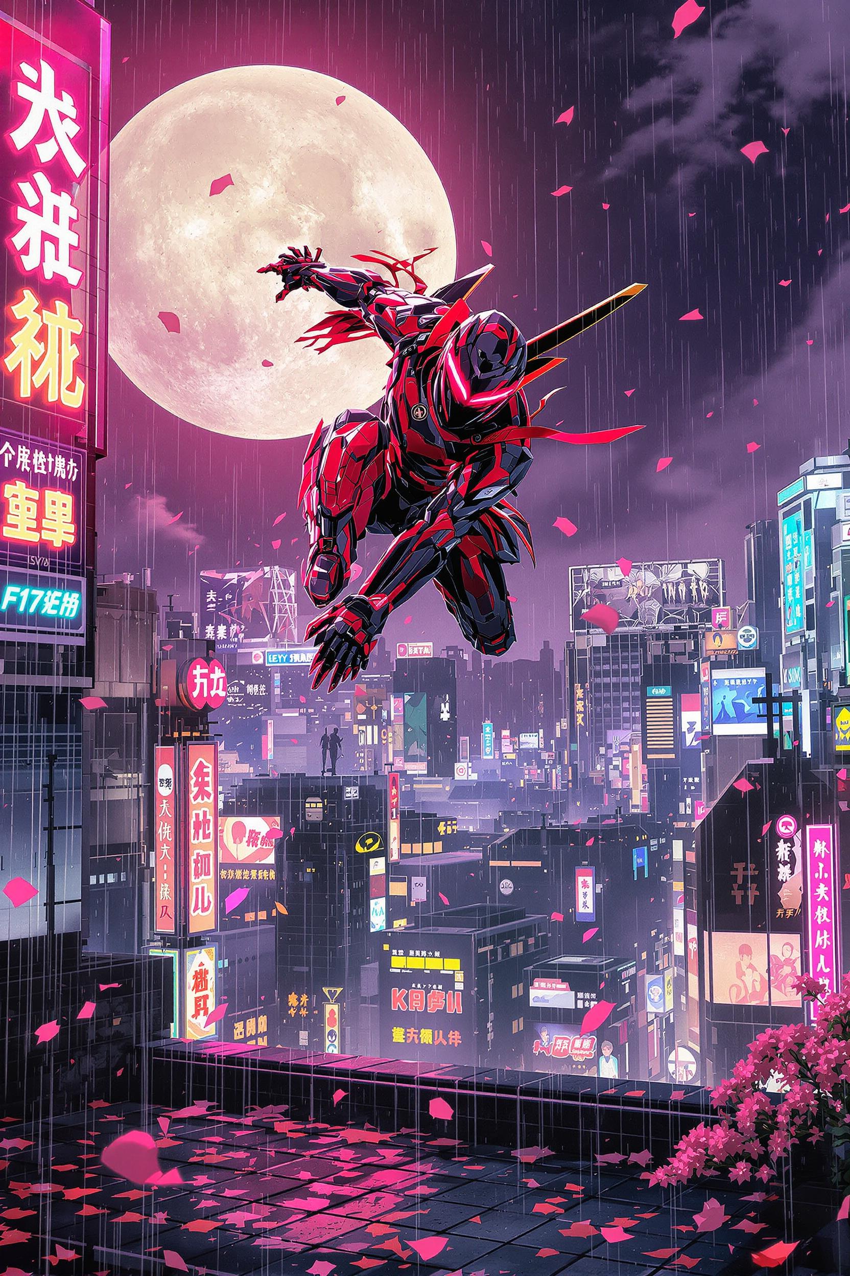 (Core description: spirited teenage cyber-ninja vaulting from a crimson katana-mecha amid moonlit Neo-Tokyo skyline), (Style keywords: dynamic anime cel-shaded ultrachromatic, style raw), (Medium: hand-inked 2D animation frame with digital paint-over) inspired by (Art movement Ukiyo-e futurism) and (Visual treatment kinetic speed-line smear frames), (Key materials: carbon-fiber armor plates, neon signage reflections, slick rain-soaked rooftop tiles, holographic kanji sparks, drifting sakura petals), (Emotion / Narrative: electric rush of youthful heroism), (Lighting & Atmosphere: top-left lunar key light, magenta rim flare, swirling misty rain, high contrast, printable shadow detail), (Composition & Perspective: low Dutch angle close-up, 24 mm lens exaggeration, neg-space upper right for title text, layered depth with parallax shards), (Color Control: dominant #e11d48 neon crimson, accent #38bdf8 electric cyan, support #fde047 pastel gold, sRGB gamut, ultrachromatic boost but clamp violet/purple shift), (Background & Environment: soaring neon billboards and silhouetted high-rises receding into hazy night), (Additional elements / textures: subtle film-grain overlay), (Technical-capture: virtual Canon EOS R5 emulation, ISO 160, f/2.8, 1/60 s, 35 mm prime, HDR blend), (Post-processing: Clip Studio Paint cel-shade layers, Photoshop overlay blend, selective cyan-crimson grade, vignette 10 %), (Resolution & Quality: 124 K, 300 dpi, ultra-sharp, 64-bit depth), (Negative: --no watermark --no lens-flare)

MidJourney v7 → --ar 2:3 --stylize 750 --chaos 20 --exp 60 --seed 9123 --stop 85 --raw