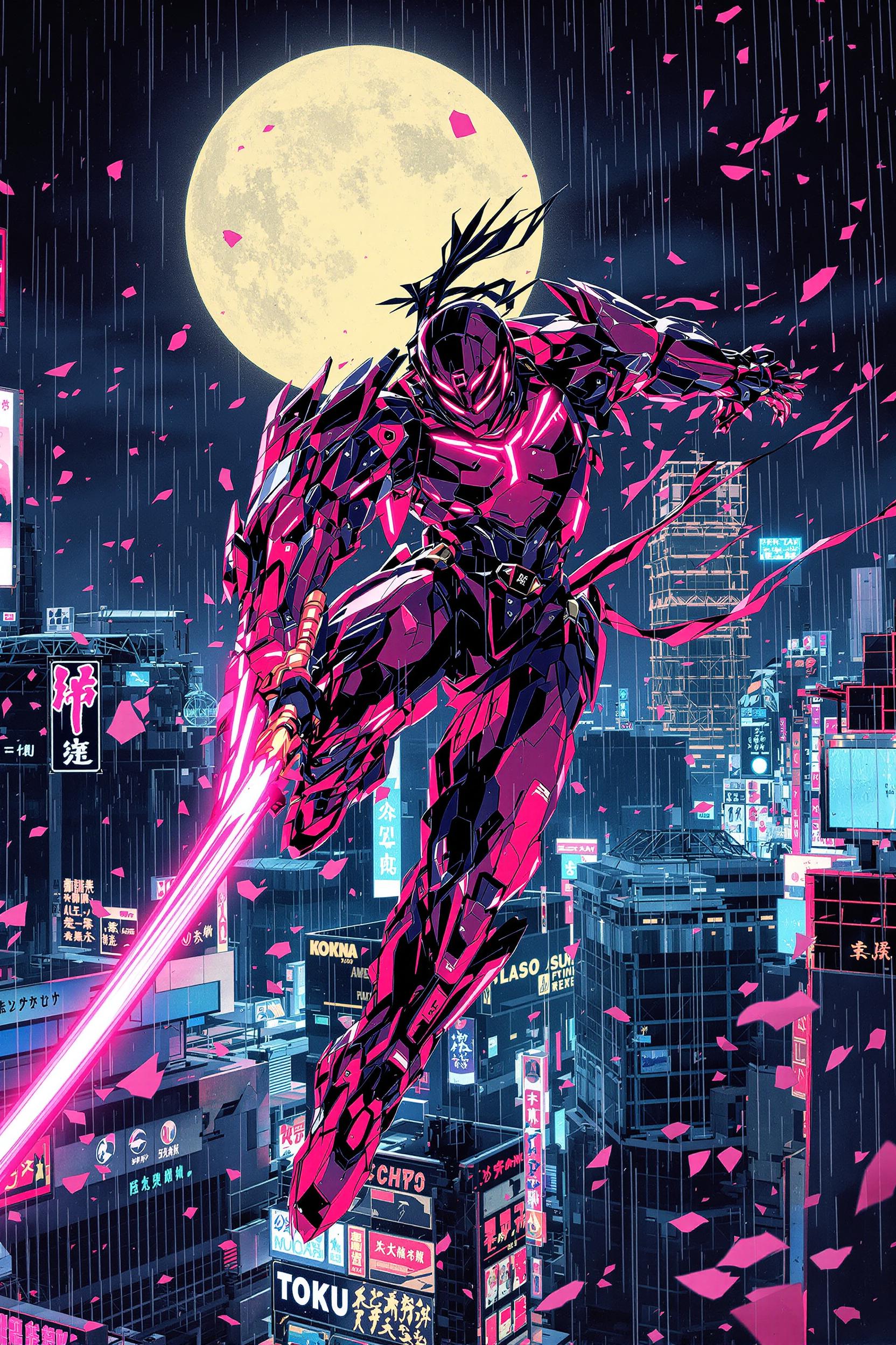  (Core description: spirited teenage cyber-ninja vaulting from a crimson katana-mecha amid moonlit Neo-Tokyo skyline), (Style keywords: dynamic anime cel-shaded ultrachromatic, style raw), (Medium: hand-inked 2D animation frame with digital paint-over) inspired by (Art movement Ukiyo-e futurism) and (Visual treatment kinetic speed-line smear frames), (Key materials: carbon-fiber armor plates, neon signage reflections, slick rain-soaked rooftop tiles, holographic kanji sparks, drifting sakura petals), (Emotion / Narrative: electric rush of youthful heroism), (Lighting & Atmosphere: top-left lunar key light, magenta rim flare, swirling misty rain, high contrast, printable shadow detail), (Composition & Perspective: low Dutch angle close-up, 24 mm lens exaggeration, neg-space upper right for title text, layered depth with parallax shards), (Color Control: dominant #e11d48 neon crimson, accent #38bdf8 electric cyan, support #fde047 pastel gold, sRGB gamut, ultrachromatic boost but clamp violet/purple shift), (Background & Environment: soaring neon billboards and silhouetted high-rises receding into hazy night), (Additional elements / textures: subtle film-grain overlay), (Technical-capture: virtual Canon EOS R5 emulation, ISO 160, f/2.8, 1/60 s, 35 mm prime, HDR blend), (Post-processing: Clip Studio Paint cel-shade layers, Photoshop overlay blend, selective cyan-crimson grade, vignette 10 %), (Resolution & Quality: 124 K, 300 dpi, ultra-sharp, 64-bit depth), (Negative: --no watermark --no lens-flare)