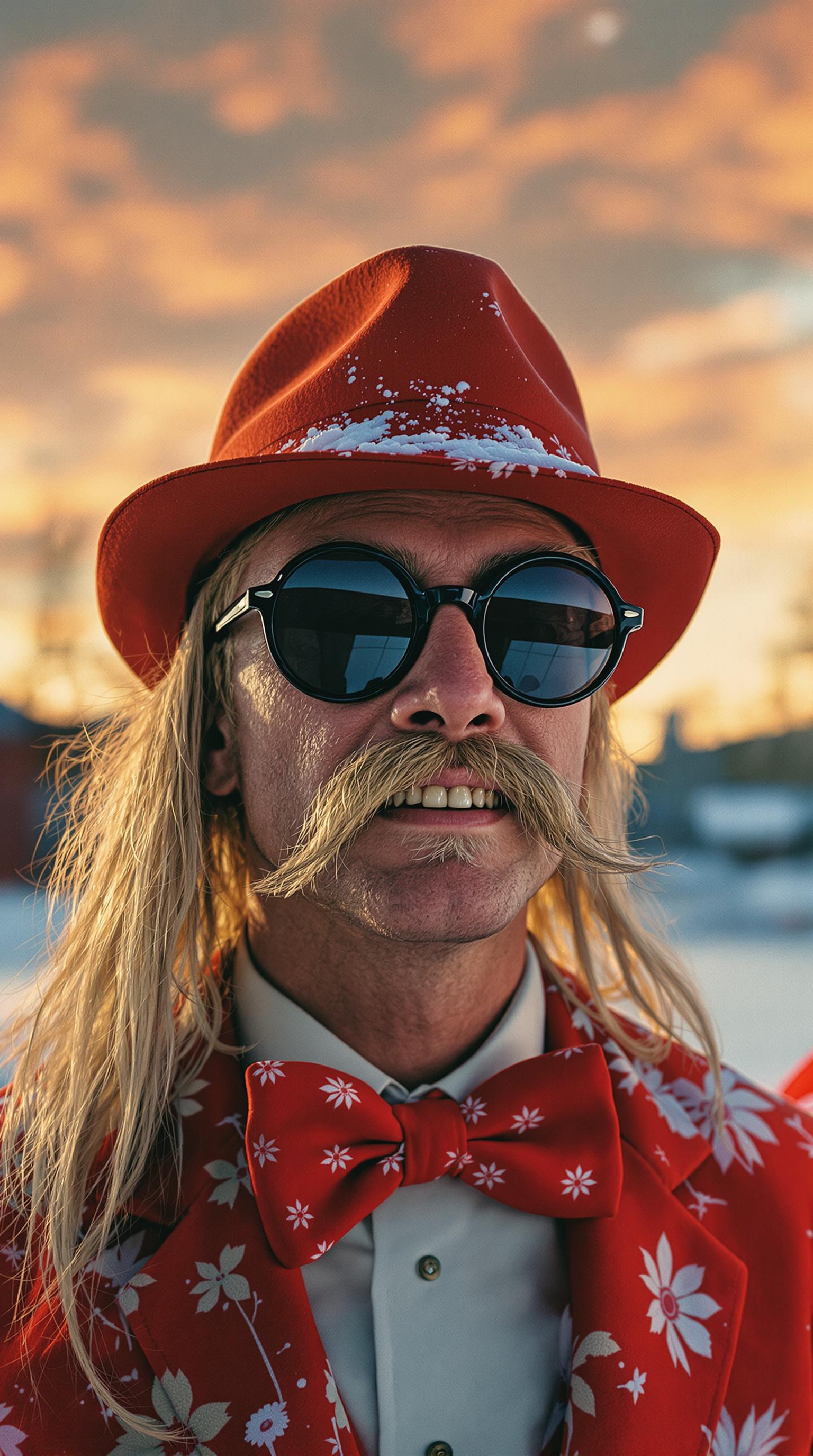 [art by Kenji Mizoguchi and Takashi Miike and Jan Svankmajer:8], photograph, As the sun begins to set, a soothing man with thick-rimmed glasses and long blonde hair stares out at the world. He wears a bright red Bowler hat, the iconic bowtie, and a pair of round sunglasses, complete the spectacle as his piercing gazes straight towards him. His face is obscured by twisted gears and sharp teeth, Winter, Panorama, Moonlit, Orton effect, Fujifilm Neopan 100, pov, (key visual, cinematic brown Color grading)