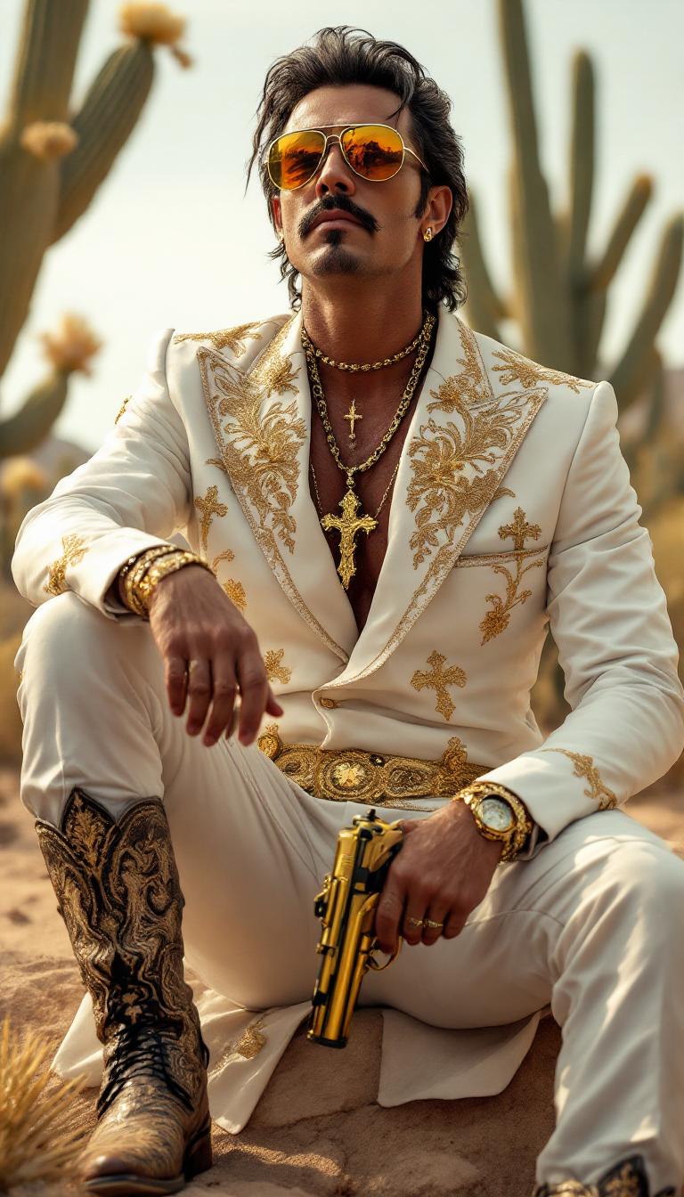 Portrait of a flamboyant Mexican cartel boss in a white guayabera with gold embroidery, oversized gold crucifix, snakeskin boots, aviator sunglasses, and a golden pistol resting on his lap, posing confidently against a desert backdrop with blooming cacti â photorealistic, cinematic lighting