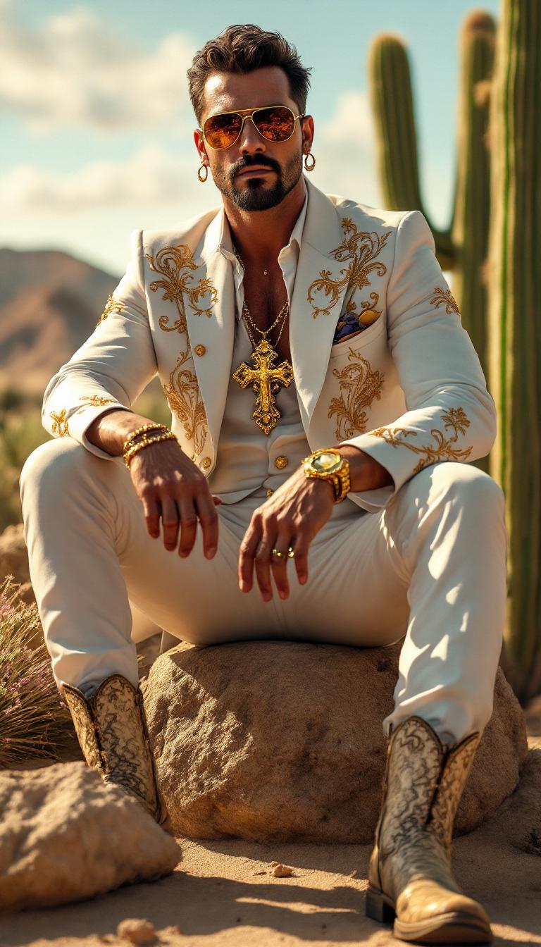 Portrait of a flamboyant Mexican cartel boss in a white guayabera with gold embroidery, oversized gold crucifix, snakeskin boots, aviator sunglasses, and a golden pistol resting on his lap, posing confidently against a desert backdrop with blooming cacti â photorealistic, cinematic lighting