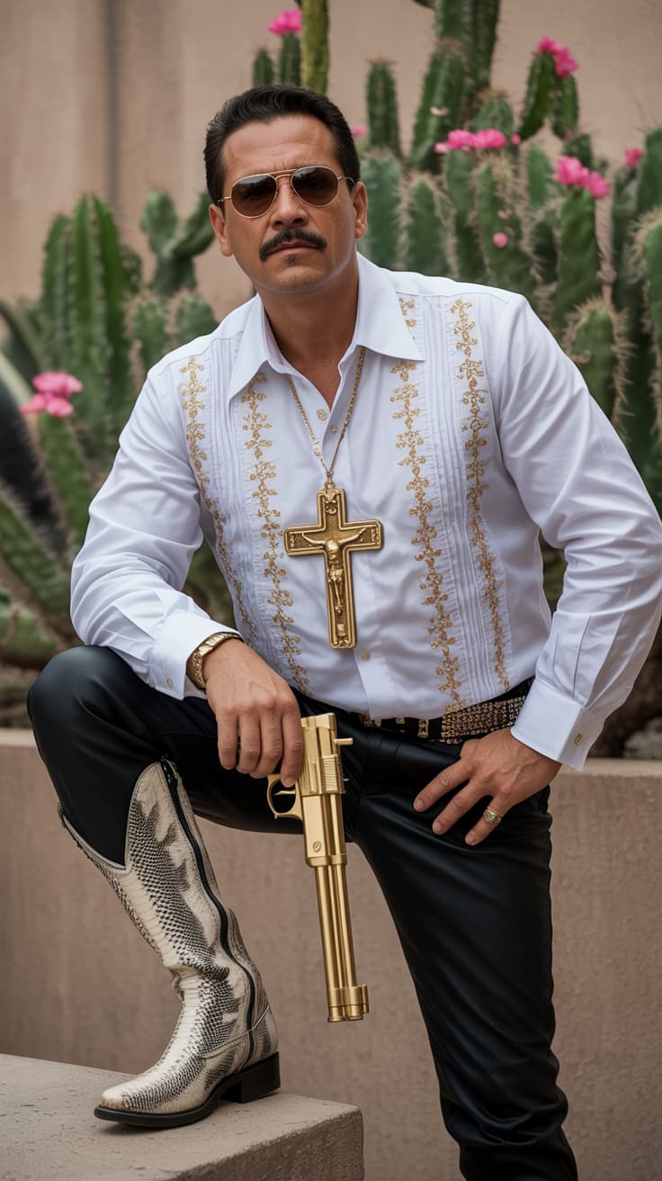 Portrait of a flamboyant Mexican cartel boss in a white guayabera with gold embroidery, oversized gold crucifix, snakeskin boots, aviator sunglasses, and a golden pistol resting on his lap, posing confidently against a desert backdrop with blooming cacti â photorealistic, cinematic lighting