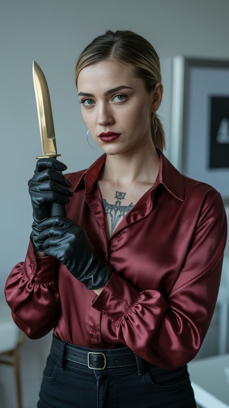 Stylized portrait of a Ukrainian mob assassin in a blood-red silk blouse, leather gloves, high cheekbones and dark lipstick, holding a gold-plated knife, Slavic tattoos on her collarbone, minimal cold-toned background â fashion-crime fusion, sharp focus, ultra-detailed