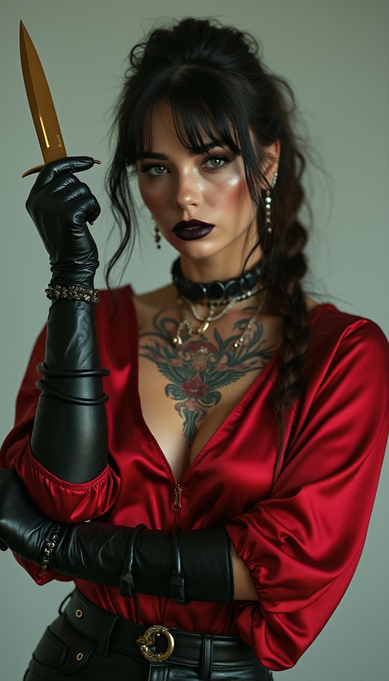 Stylized portrait of a Ukrainian mob assassin in a blood-red silk blouse, leather gloves, high cheekbones and dark lipstick, holding a gold-plated knife, Slavic tattoos on her collarbone, minimal cold-toned background â fashion-crime fusion, sharp focus, ultra-detailed