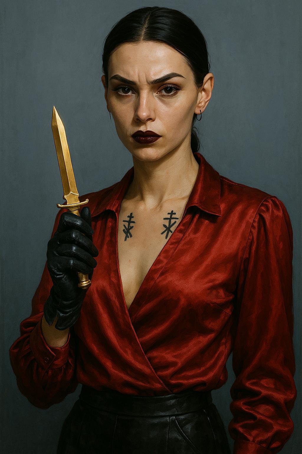 Stylized portrait of a Ukrainian mob assassin in a blood-red silk blouse, leather gloves, high cheekbones and dark lipstick, holding a gold-plated knife, Slavic tattoos on her collarbone, minimal cold-toned background â fashion-crime fusion, sharp focus, ultra-detailed