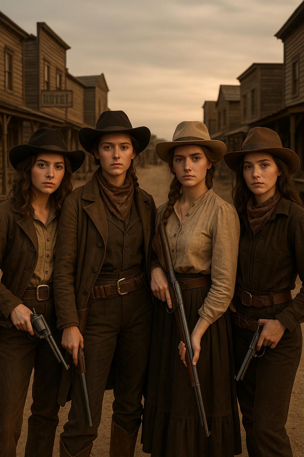 young western outlaw women together in rural 1800s wild west town