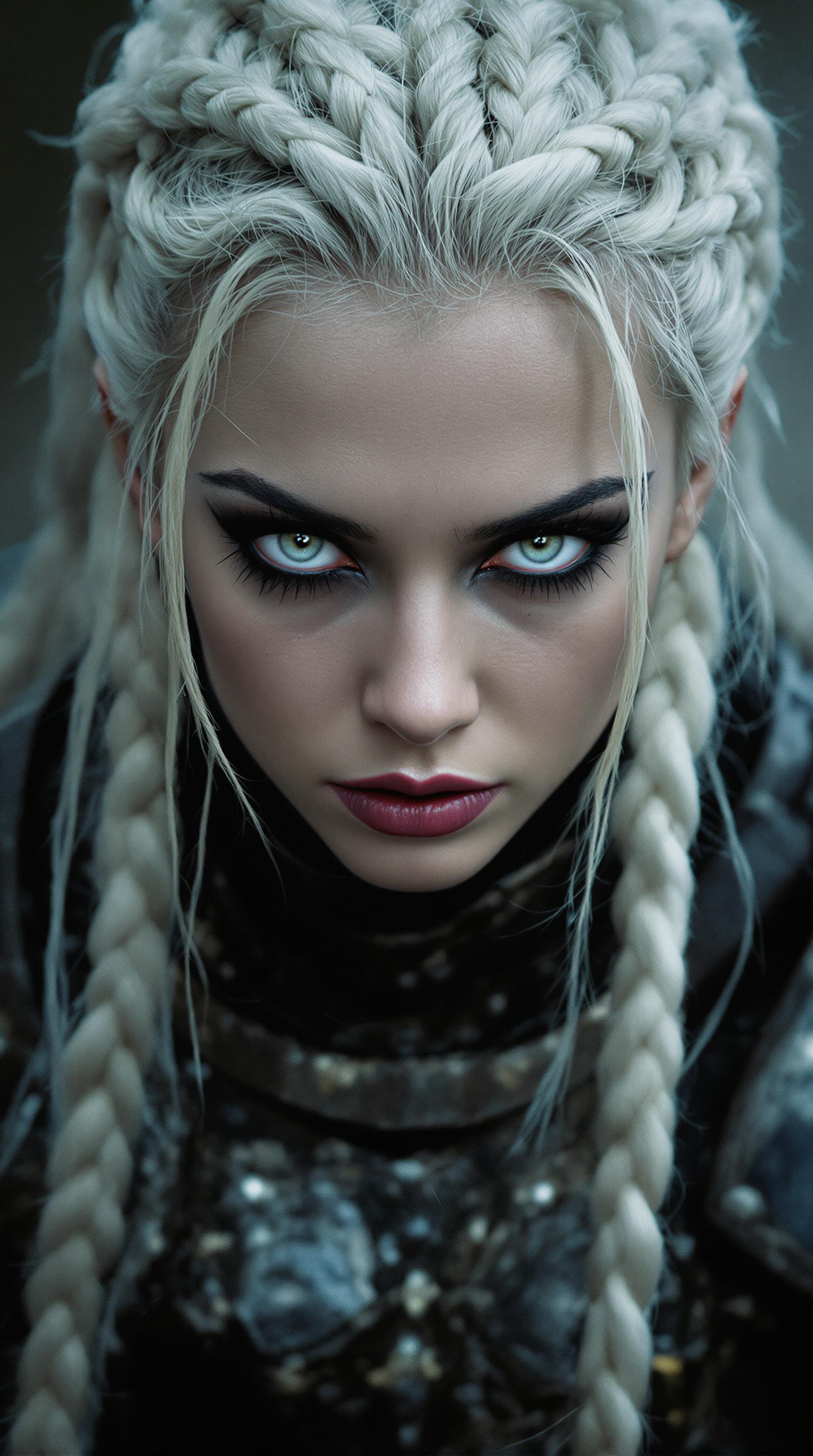 cinematic film still, 1girl, fierce,  braided hair, white hair, mysterious,  alluring white eyes a paragon of beauty,  armor,  shallow depth of field, vignette, highly detailed, high budget, bokeh, cinemascope, moody, epic, gorgeous, film grain, grainy, Photo realistic,, RAW candid cinema, 16mm, color graded portra 400 film, remarkable color, remarkable detailed pupils, shot with cinematic camera, black eyeliner