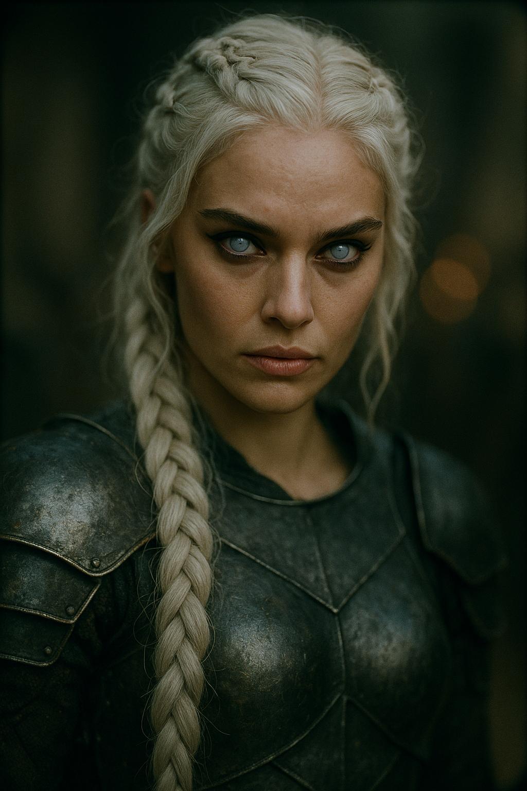 cinematic film still, 1girl, fierce,  braided hair, white hair, mysterious,  alluring white eyes a paragon of beauty,  armor,  shallow depth of field, vignette, highly detailed, high budget, bokeh, cinemascope, moody, epic, gorgeous, film grain, grainy, Photo realistic,, RAW candid cinema, 16mm, color graded portra 400 film, remarkable color, remarkable detailed pupils, shot with cinematic camera, black eyeliner