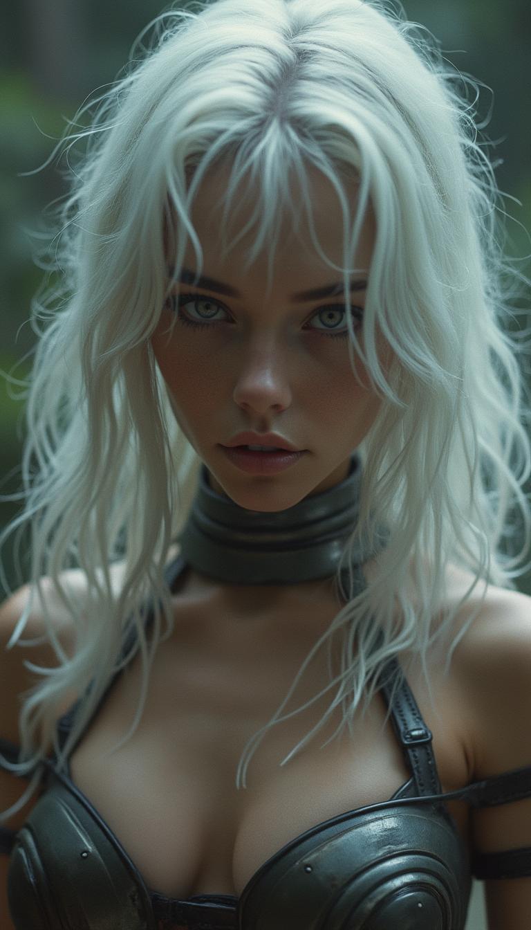 cinematic film still 1girl, cute, fierce, young, white hair, mysterious,  alluring white eyes a paragon of beauty, bikini metal armor . shallow depth of field, vignette, highly detailed, high budget, bokeh, cinemascope, moody, epic, gorgeous, film grain, grainy, Photo realistic, hyper detail, hyper realistic