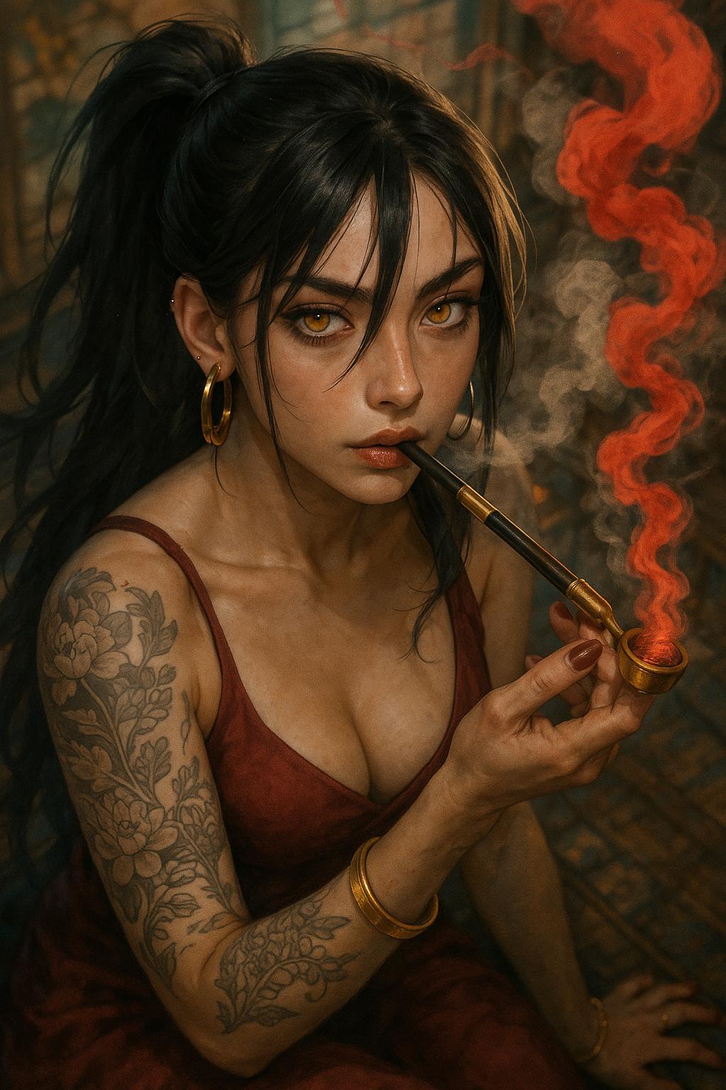 masterpiece,  best quality, newest, highres, absurdres, ,dynamic pose,  1girl, smoking pipe, long hair, yellow eyes, black hair, holding, smoke, smoking, looking at viewer, tattoo,red_smoke,gold jewelry,gold,detailed_background, earrings, kiseru, breasts, hair between eyes, ear piercing, ponytail, holding smoking pipe, dress, arm tattoo,dynamic composition, from above, colorful, Photo realistic, hyper detail, hyper realistic
