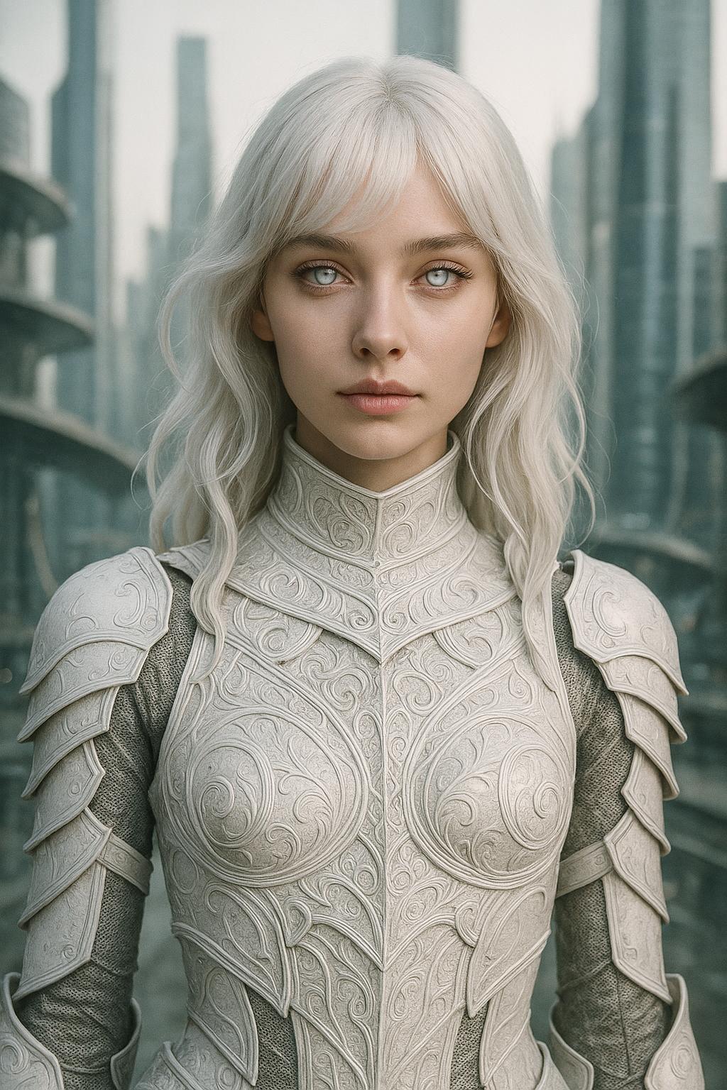 1girl, cute, white hair, mysterious, alluring white eyes a paragon of beauty, detailed intricate white armor, city of the future background, hyperrealism, (photorealistic:1.2), (film grain:1.3), masterpiece, best quality, perfect detail, cinematic lighting, professional photo, Photo realistic, hyper detail, hyper realistic