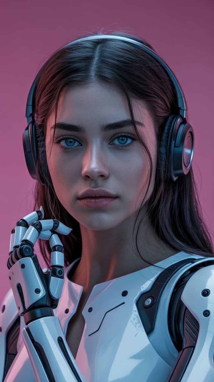 The image depicts a young woman with long black hair and striking blue eyes, wearing a futuristic robotic arm and headphones. The background is a solid pink color, creating a stark contrast with the metallic and mechanical elements in the foreground. The woman's expression is focused and slightly concerned, The overall scene has a cyberpunk aesthetic, blending human and machine elements seamlessly., Photo realistic, hyper detail, hyper realistic