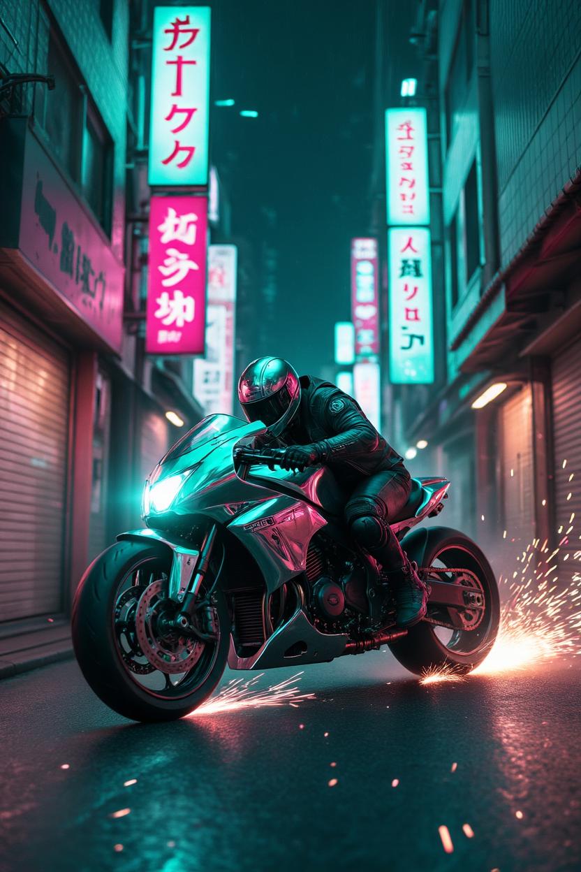 Chrome-armoured biker leaning into a drift down a holographic Tokyo alley, electric signage flickering teal and magenta, sparks trailing from cyber wheels.