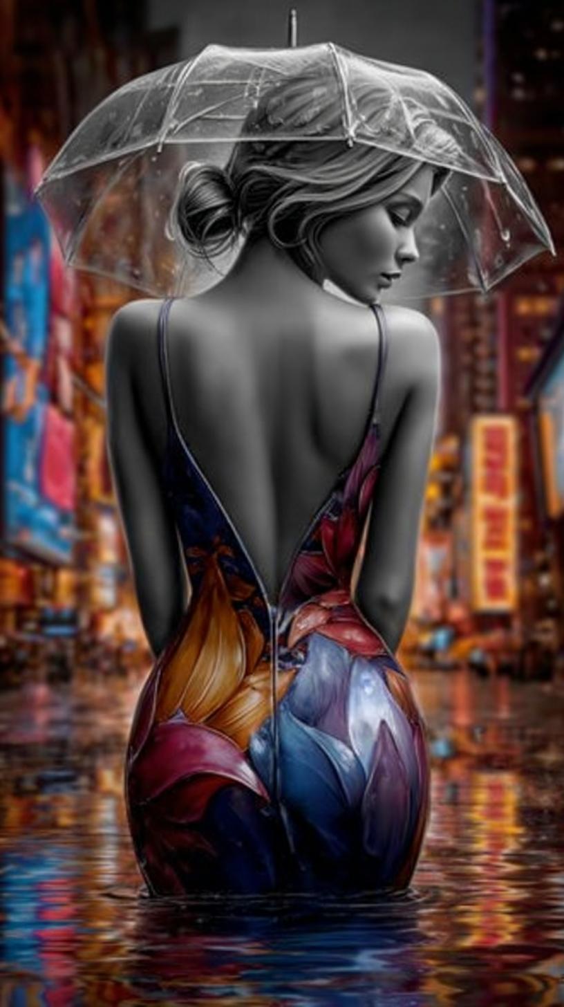 masterpiece, best quality, highres, sharp image, more detail, polished skin highlights, razor‑sharp neon reflections, clean rain droplets, cinematic bokeh