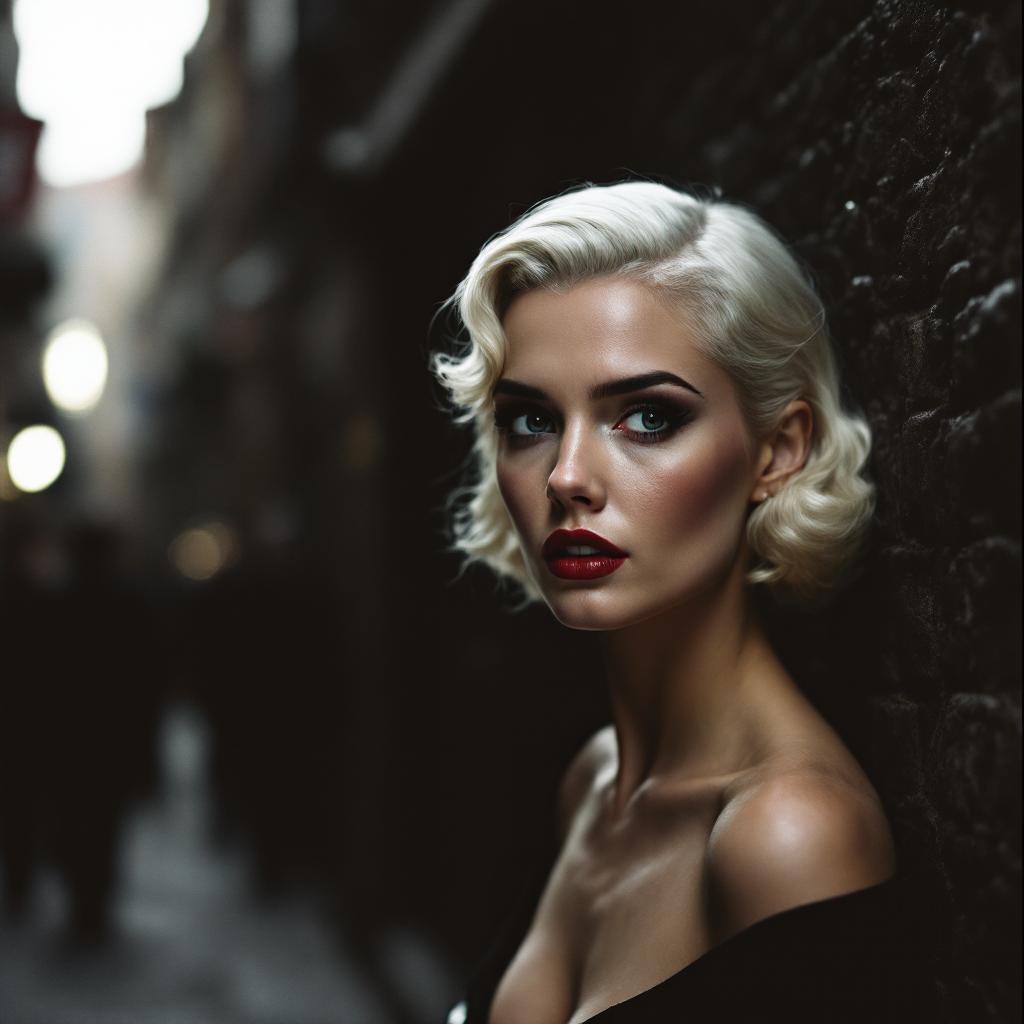 paparazzi photo, action, documentary style 1930s \(style\), Fill Lighting, Ilford HP5 Plus, realist detail, ue5, detailed character expressions, amazing quality, wallpaper, analog film grain, Establishing shot, Practical Lighting, Photoshop, analog film photo cinematic film still, shallow depth of field, vignette, highly detailed, high budget Hollywood film, bokeh, cinemascope, moody, epic, gorgeous, film grain, faded film, desaturated, 35mm photo, grainy, vintage, Kodachrome, Lomography, stained, found footage, elegant woman, platinum blonde hair, 20 years old, posing , dark alley,looking scared