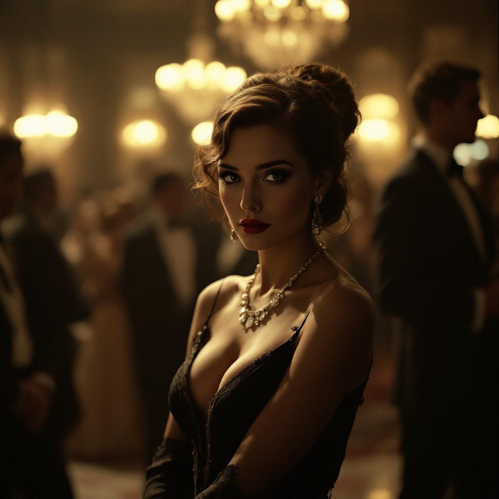 paparazzi photo, action, documentary style 1930s \(style\), Fill Lighting, Ilford HP5 Plus, realist detail, ue5, detailed character expressions, amazing quality, wallpaper, analog film grain, Establishing shot, Practical Lighting, Photoshop, analog film photo cinematic film still, shallow depth of field, vignette, highly detailed, high budget Hollywood film, bokeh, cinemascope, moody, epic, gorgeous, film grain, faded film, desaturated, 35mm photo, grainy, vintage, Kodachrome, Lomography, stained, found footage, elegant woman, 20 years old, posing , ballroom