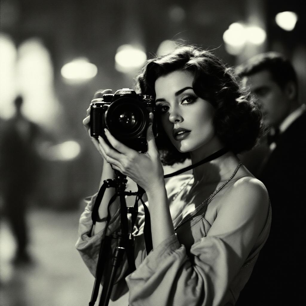 paparazzi photo, action, documentary style 1930s \(style\), Fill Lighting, Ilford HP5 Plus, realist detail, ue5, detailed character expressions, amazing quality, wallpaper, analog film grain, Establishing shot, Practical Lighting, Photoshop, analog film photo cinematic film still, shallow depth of field, vignette, highly detailed, high budget Hollywood film, bokeh, cinemascope, moody, epic, gorgeous, film grain, faded film, desaturated, 35mm photo, grainy, vintage, Kodachrome, Lomography, stained, found footage, elegant woman, 20 years old, posing with a camera, ballroom