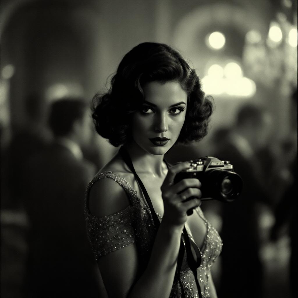 paparazzi photo, action, documentary style 1930s \(style\), Fill Lighting, Ilford HP5 Plus, realist detail, ue5, detailed character expressions, amazing quality, wallpaper, analog film grain, Establishing shot, Practical Lighting, Photoshop, analog film photo cinematic film still, shallow depth of field, vignette, highly detailed, high budget Hollywood film, bokeh, cinemascope, moody, epic, gorgeous, film grain, faded film, desaturated, 35mm photo, grainy, vintage, Kodachrome, Lomography, stained, found footage, elegant woman, 20 years old, posing with a camera, ballroom