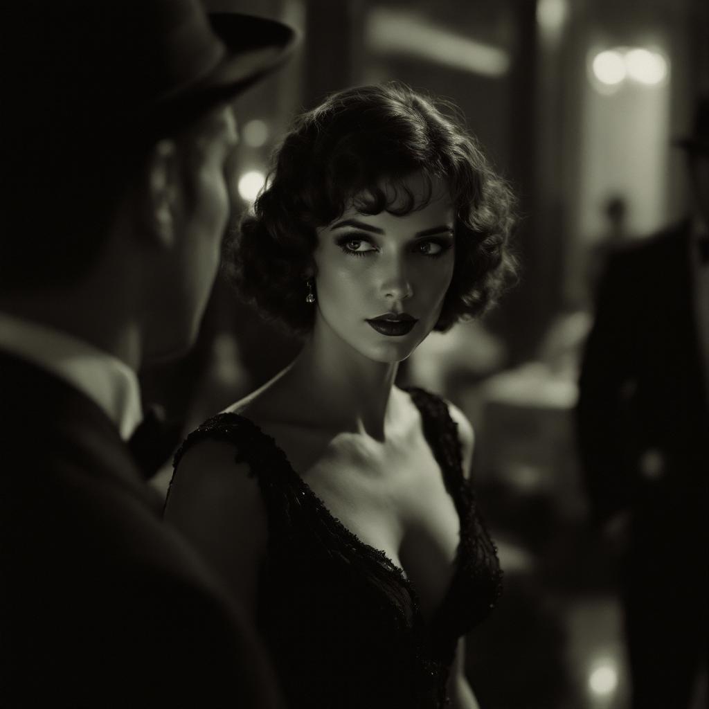 paparazzi photo, action, documentary style 1930s \(style\), Fill Lighting, Ilford HP5 Plus, realist detail, ue5, detailed character expressions, amazing quality, wallpaper, analog film grain, Establishing shot, Practical Lighting, Photoshop, analog film photo cinematic film still, shallow depth of field, vignette, highly detailed, high budget Hollywood film, bokeh, cinemascope, moody, epic, gorgeous, film grain, faded film, desaturated, 35mm photo, grainy, vintage, Kodachrome, Lomography, stained, found footage, ,beautiful woman, 1930's camera, in a ball room, black dress