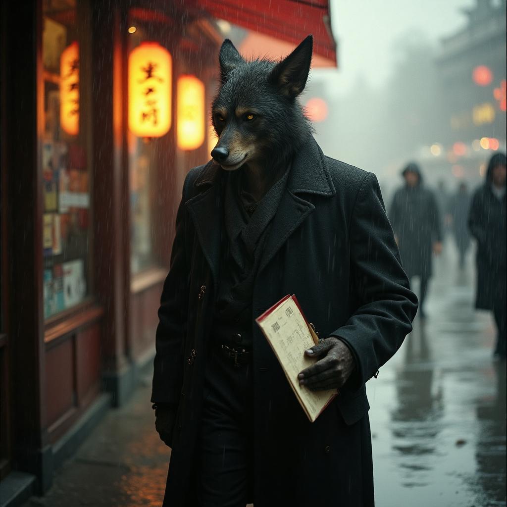 paparazzi photo, action, documentary style 1930s \(style\), Fill Lighting, Ilford HP5 Plus, realist detail, ue5, detailed character expressions, amazing quality, wallpaper, analog film grain, Establishing shot, Practical Lighting, Photoshop, analog film photo cinematic film still, shallow depth of field, vignette, highly detailed, high budget Hollywood film, bokeh, cinemascope, moody, epic, gorgeous, film grain, faded film, desaturated, 35mm photo, grainy, vintage, Kodachrome, Lomography, stained, found footage, ,a werewolf walking in the rain, with a chineese menu in his hand.  He was looking for a place called Lee Ho Fooks