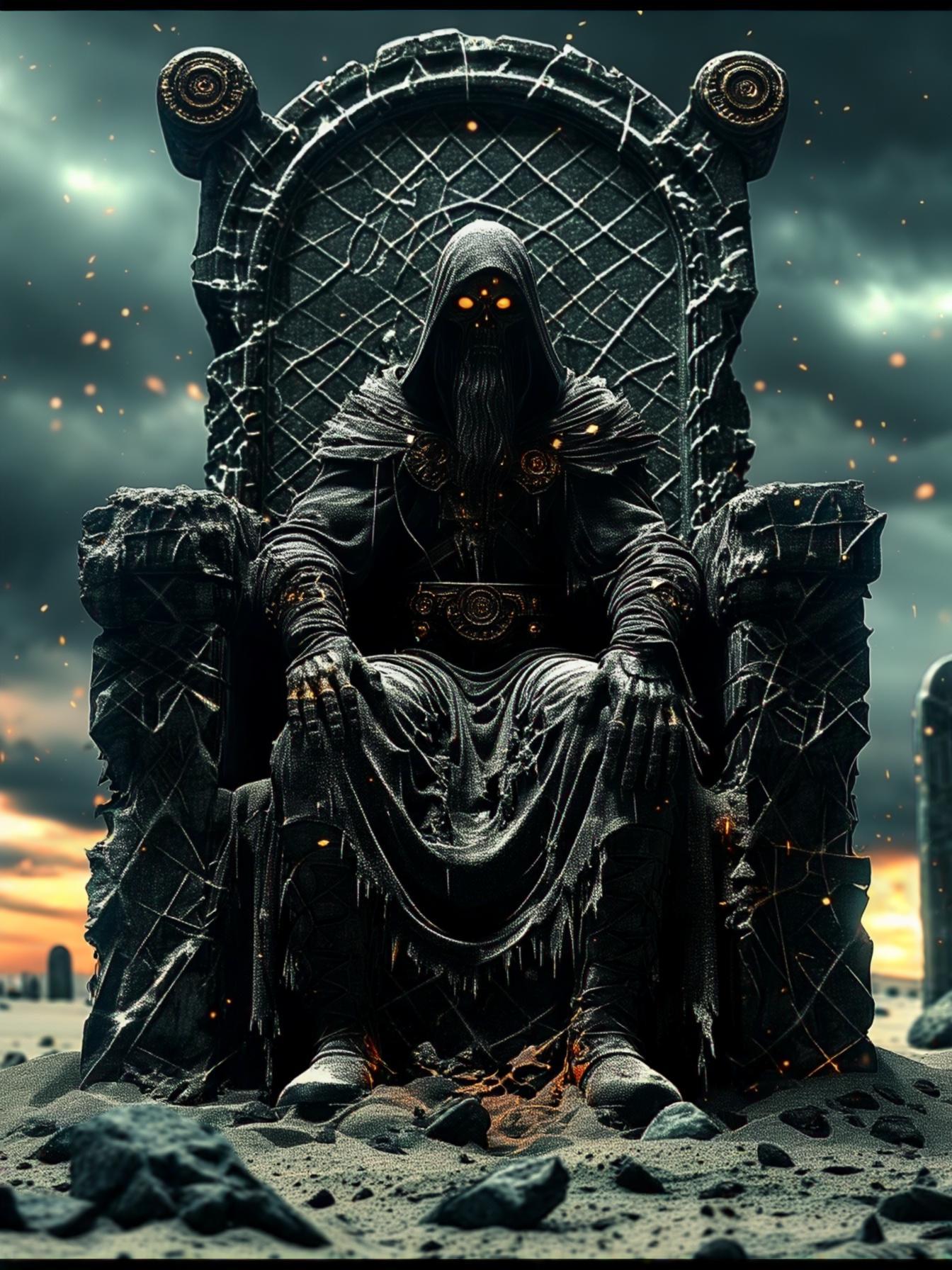 ancient stone, bronze patina, ash sky, desert wind, muted earth tones, cracked monoliths, weathered armor, low contrast glow, sand-blown fabric, atmospheric dusk