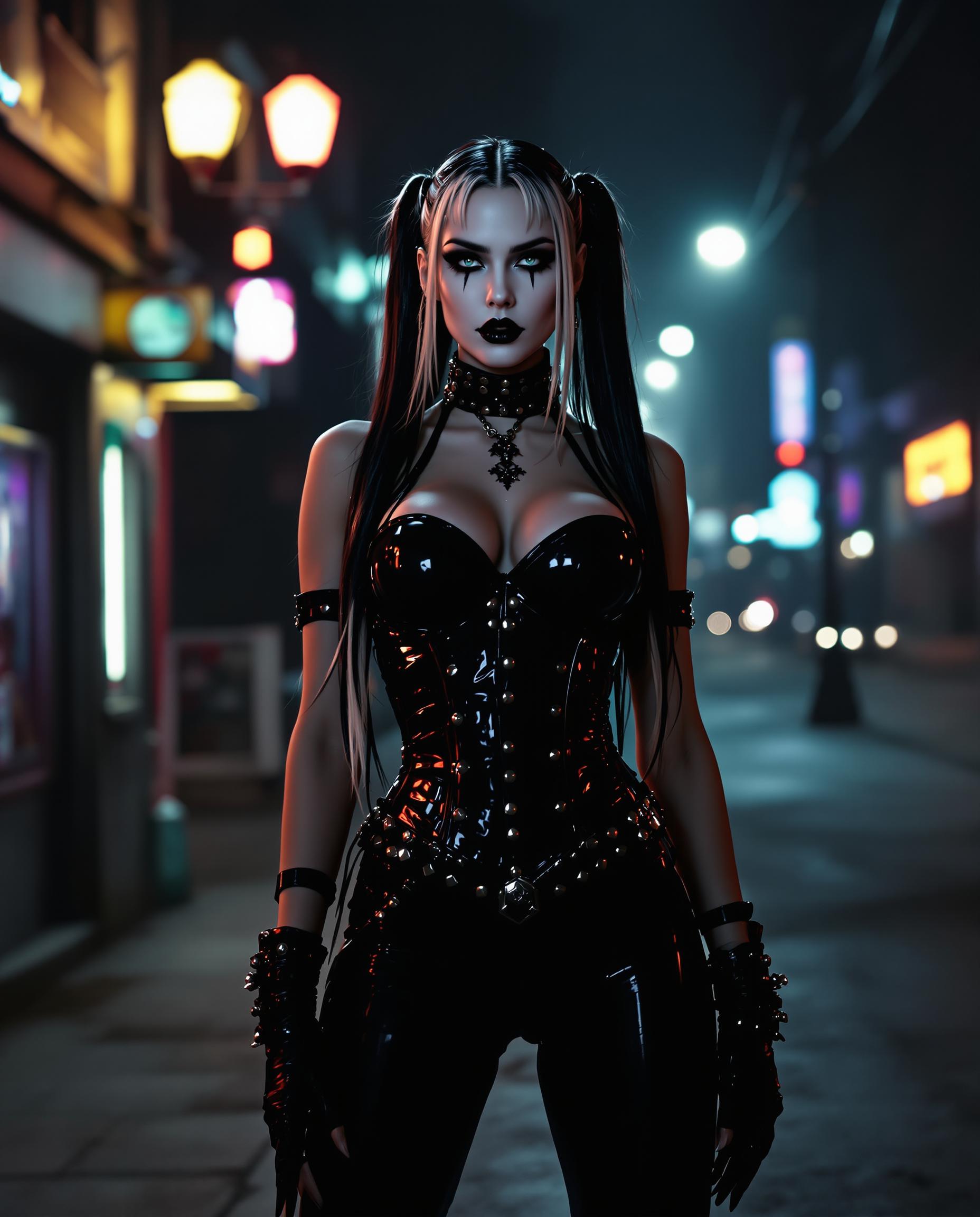 A commanding vampire woman with pale skin and long thick black and white hair in heavy pigtails stands dominantly on a dimly lit urban street corner at night, her heavy goth makeup accentuating shiny black lips and claw-like fingernails, clad in a shiny black latex corset with straps and studs, skintight black latex pants and a thick dog collar, under  streetlights. This high-resolution cinematic photo captures dramatic shadows, glossy textures, and a moody neon glow in 8K detail, with shallow depth of field and subtle volumetric fog enhancing the atmospheric tension.
